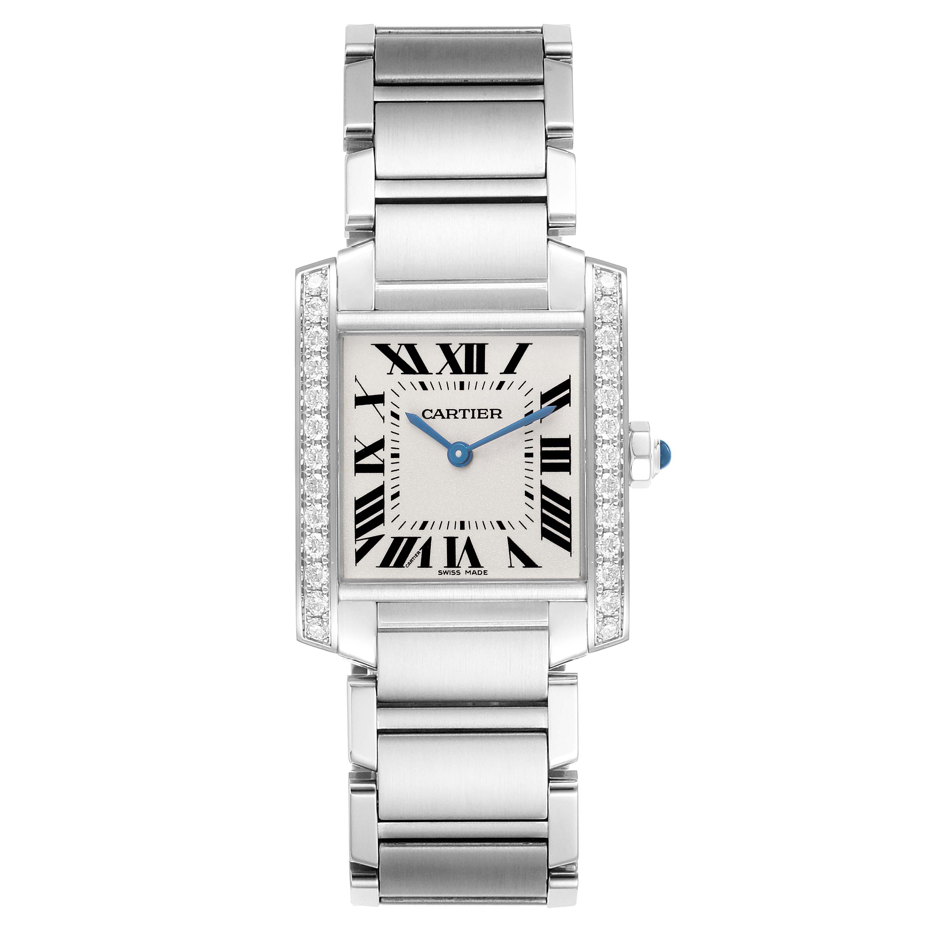 The Cartier Tank Française watch is shown from the front, displaying the face, Roman numerals, and metallic bracelet.
