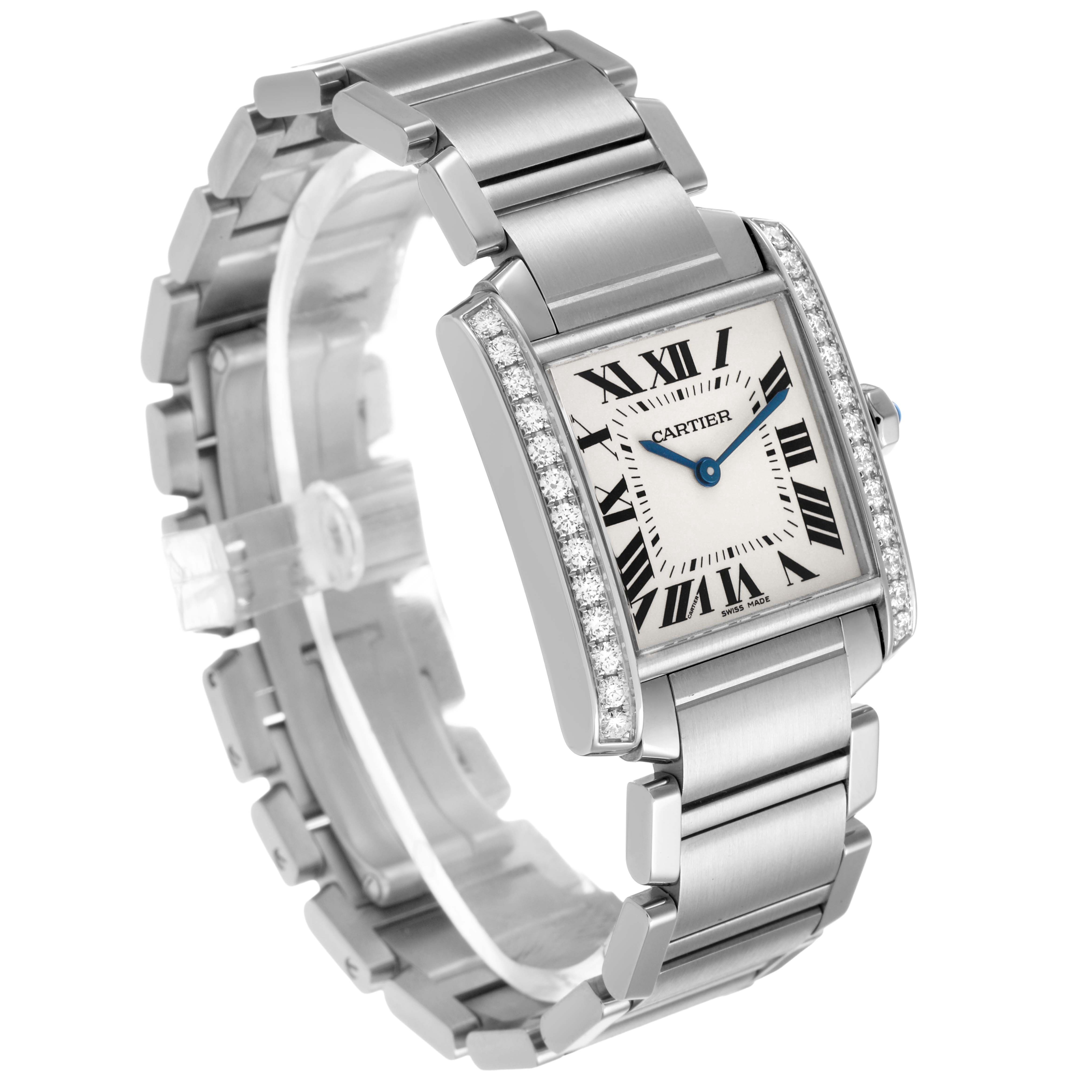 The Cartier Tank Française watch is shown at a three-quarter angle, highlighting its bracelet, diamond-set bezel, and face.