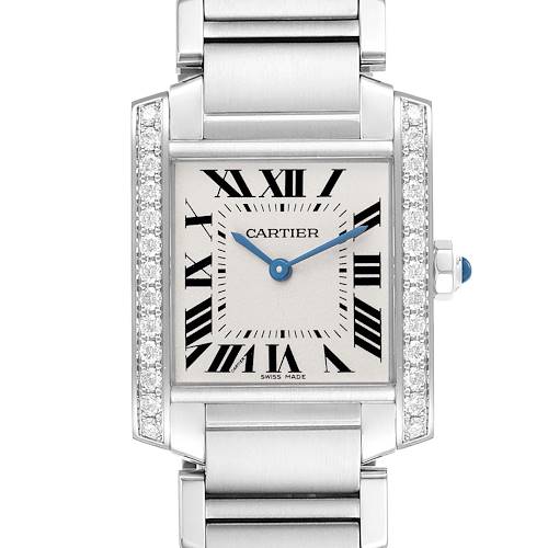 The Cartier Tank Francaise W4TA0009 Women's Stainless Steel Silver Dial watch is shown from the front, highlighting the face, Roman numerals, and bracelet.