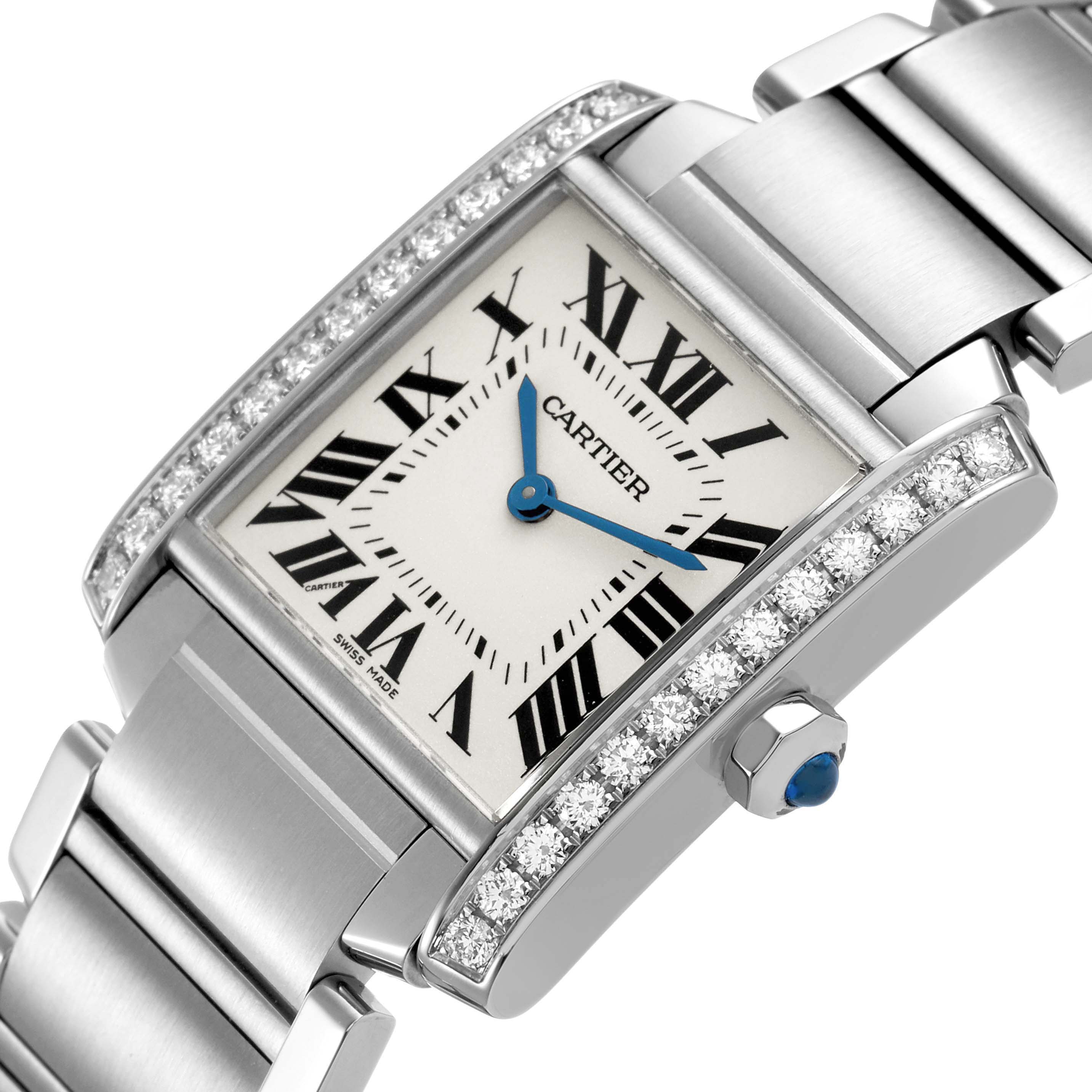 The Cartier Tank Française watch is shown from an angled top view, highlighting its face, Roman numerals, and diamond accents on the bezel.