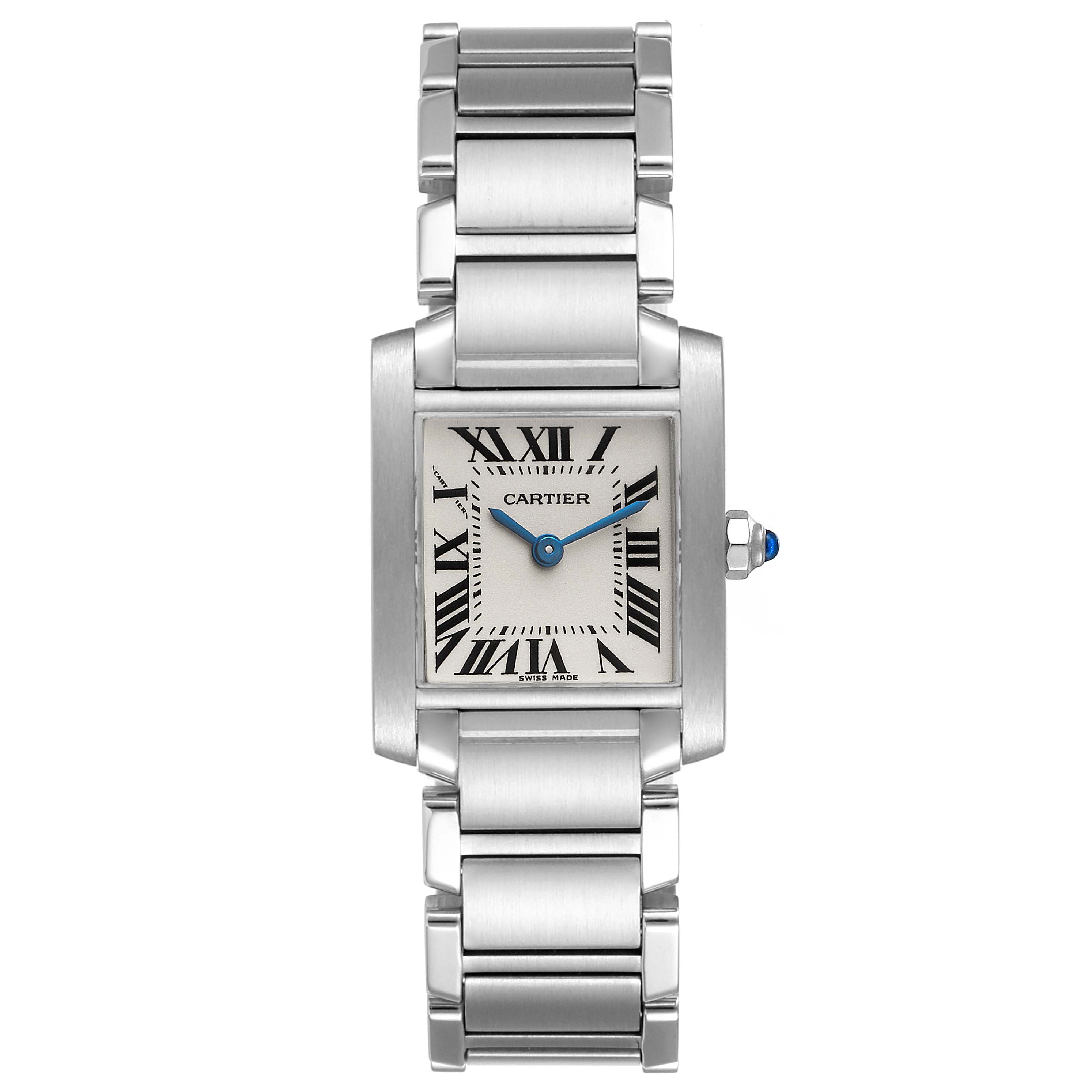 This image shows a top-down view of a Cartier Tank Francaise W51008Q3 Women
s Stainless Steel Silver Dial W51008Q3 Women
s Stainless Steel Silver Dial watch, displaying its square face, Roman numerals, and metal bracelet.