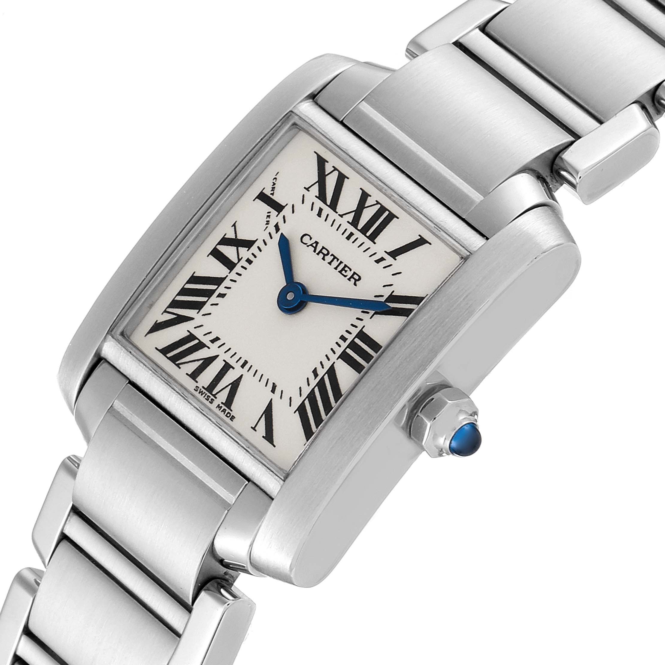 This image shows a close-up angled view of the face and a portion of the band of the Cartier Tank Française watch.