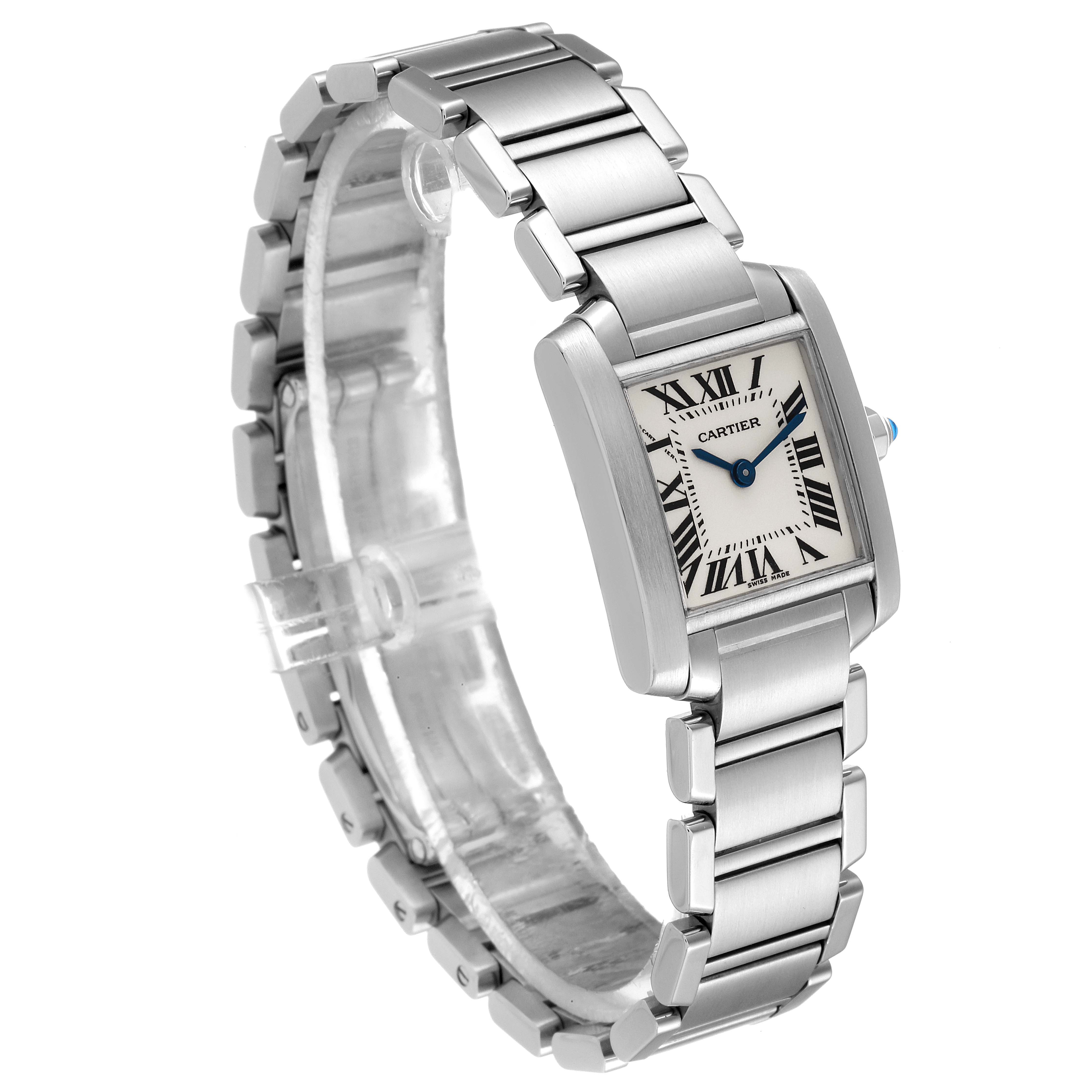 The Cartier Tank Francaise W51008Q3 Women
s Stainless Steel Silver Dial W51008Q3 Women
s Stainless Steel Silver Dial is shown at an angled side view, displaying its rectangular face, Roman numerals, and stainless steel bracelet.
