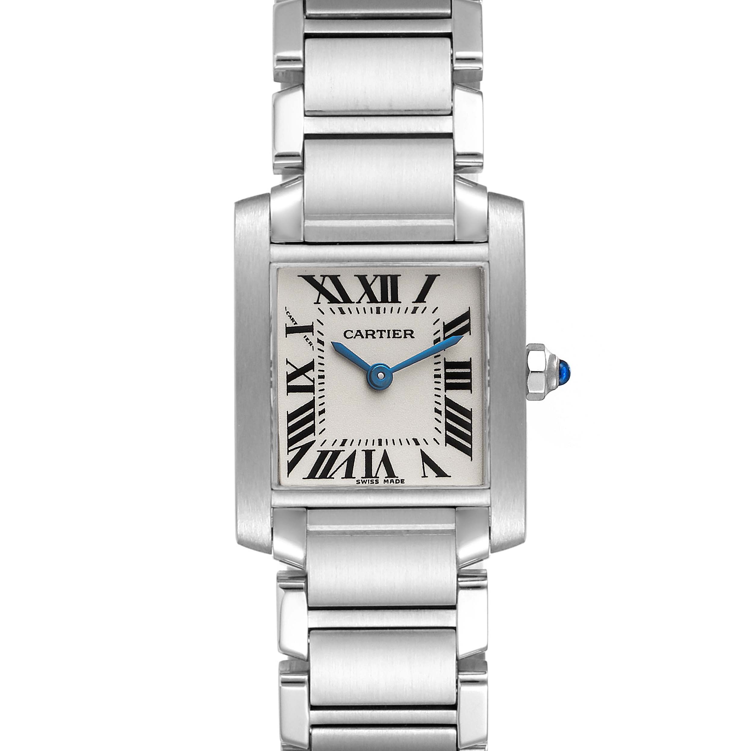 This image shows a Cartier Tank Française watch, viewed from the front, highlighting its rectangular face, Roman numerals, and metal bracelet.