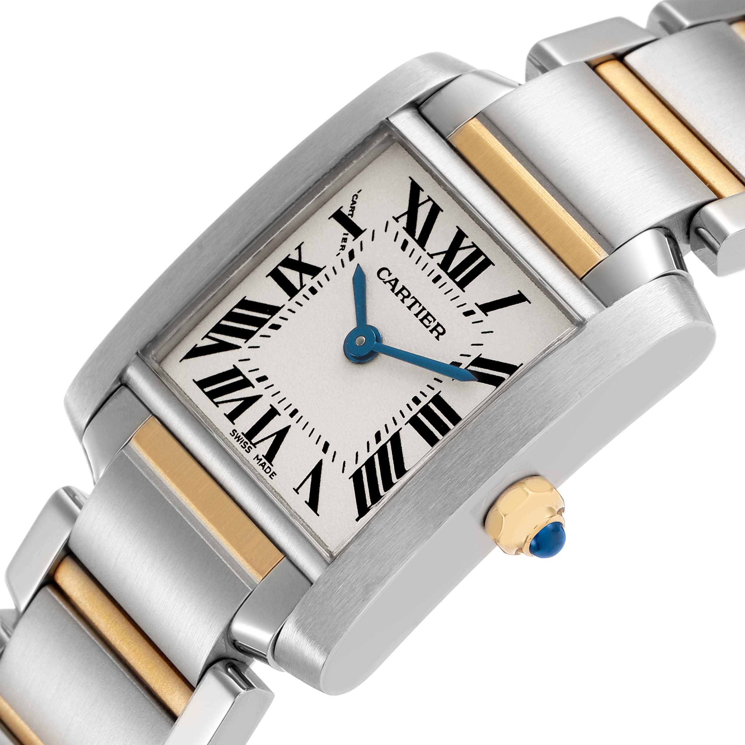 The Cartier Tank Française watch is shown at a close angle highlighting the dial, crown, and part of the bracelet.