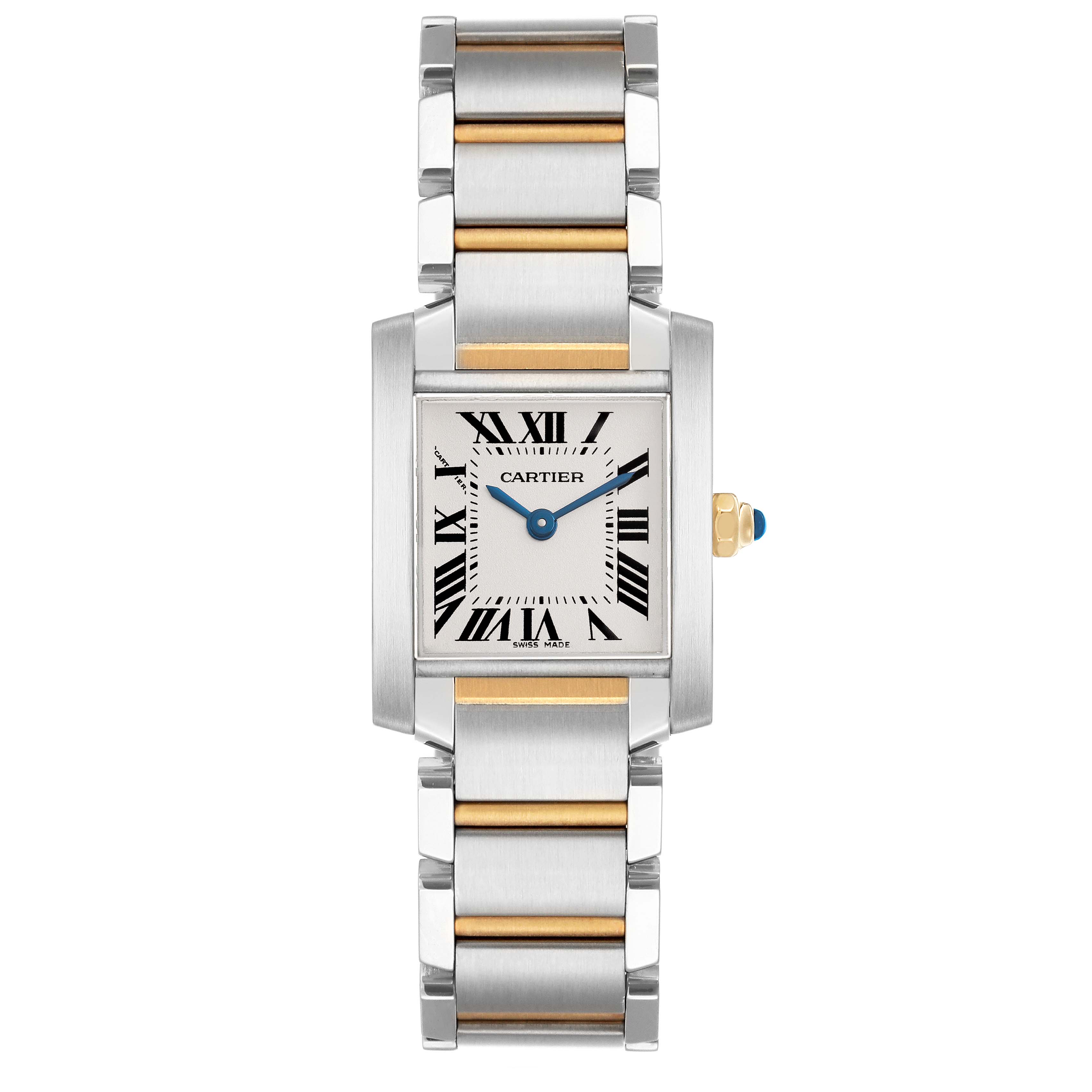 The Cartier Tank Francaise W51007Q4 Women's Stainless Steel Silver Dial watch is shown from a front view, displaying the face, crown, and bracelet.
