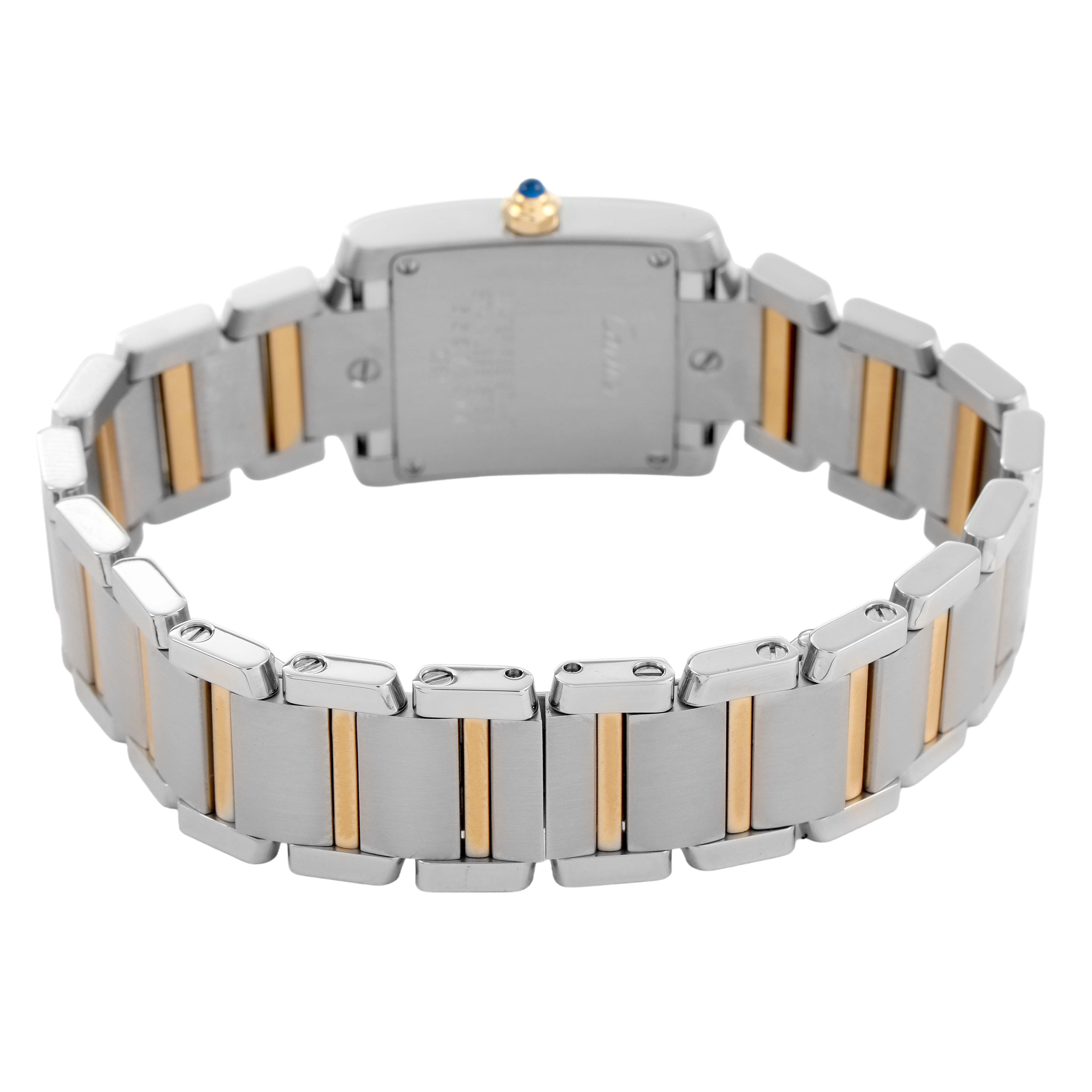 The Cartier Tank Francaise W51007Q4 Women's Stainless Steel Silver Dial watch is shown from the back, highlighting the metal bracelet and two-tone link design.