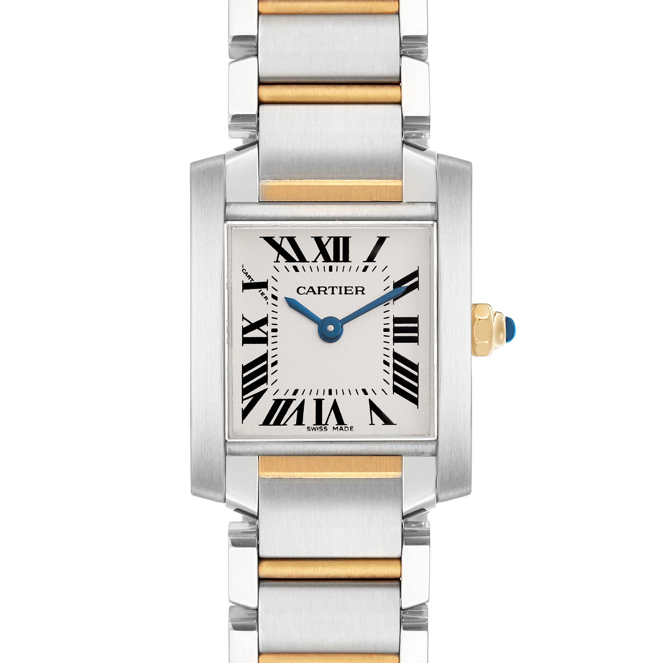 The Cartier Tank Française watch is shown from a front angle, highlighting the face, Roman numerals, and two-tone bracelet.