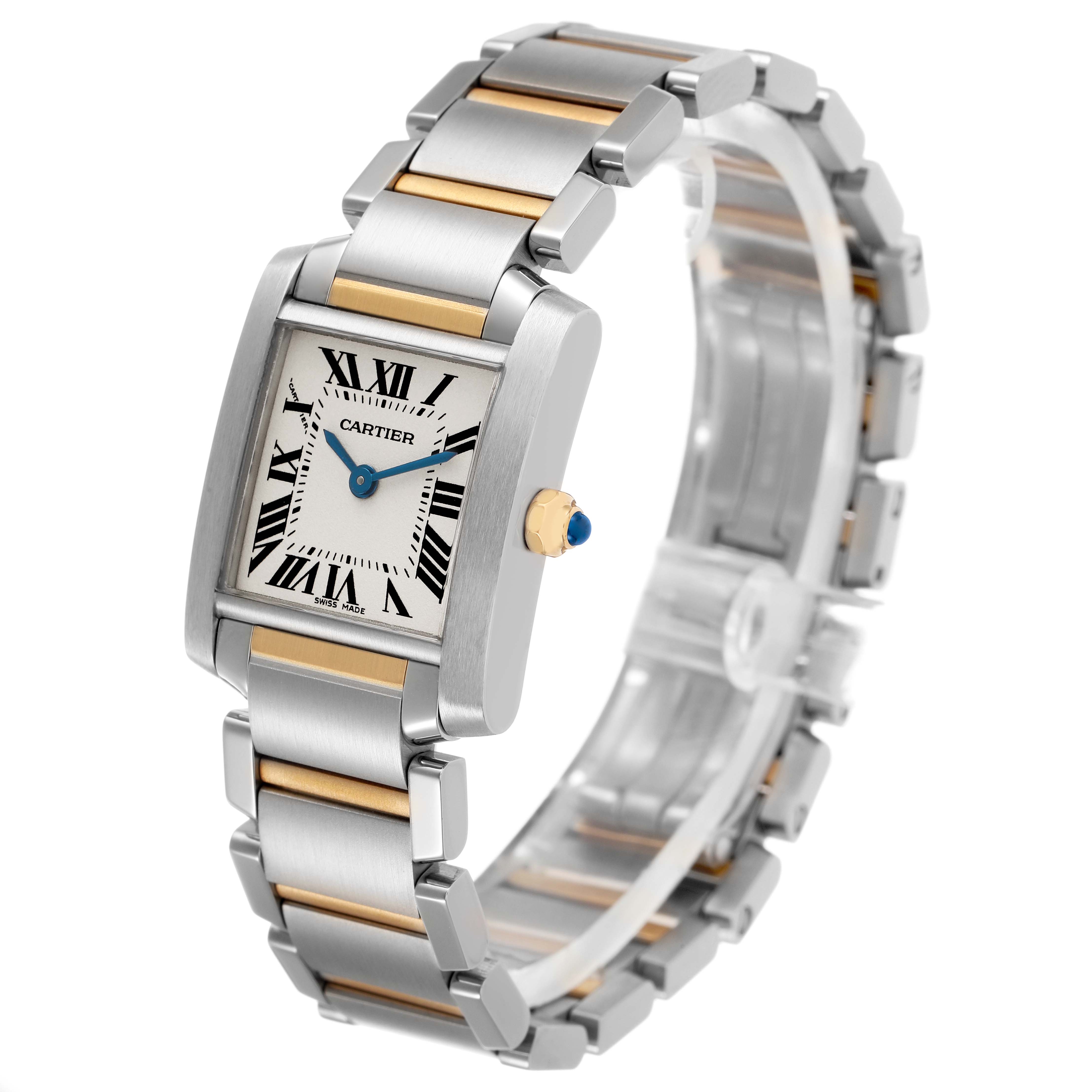 The Cartier Tank Francaise W51007Q4 Women's Stainless Steel Silver Dial watch is shown at a three-quarter angle, highlighting its two-tone bracelet and rectangular face with Roman numerals.