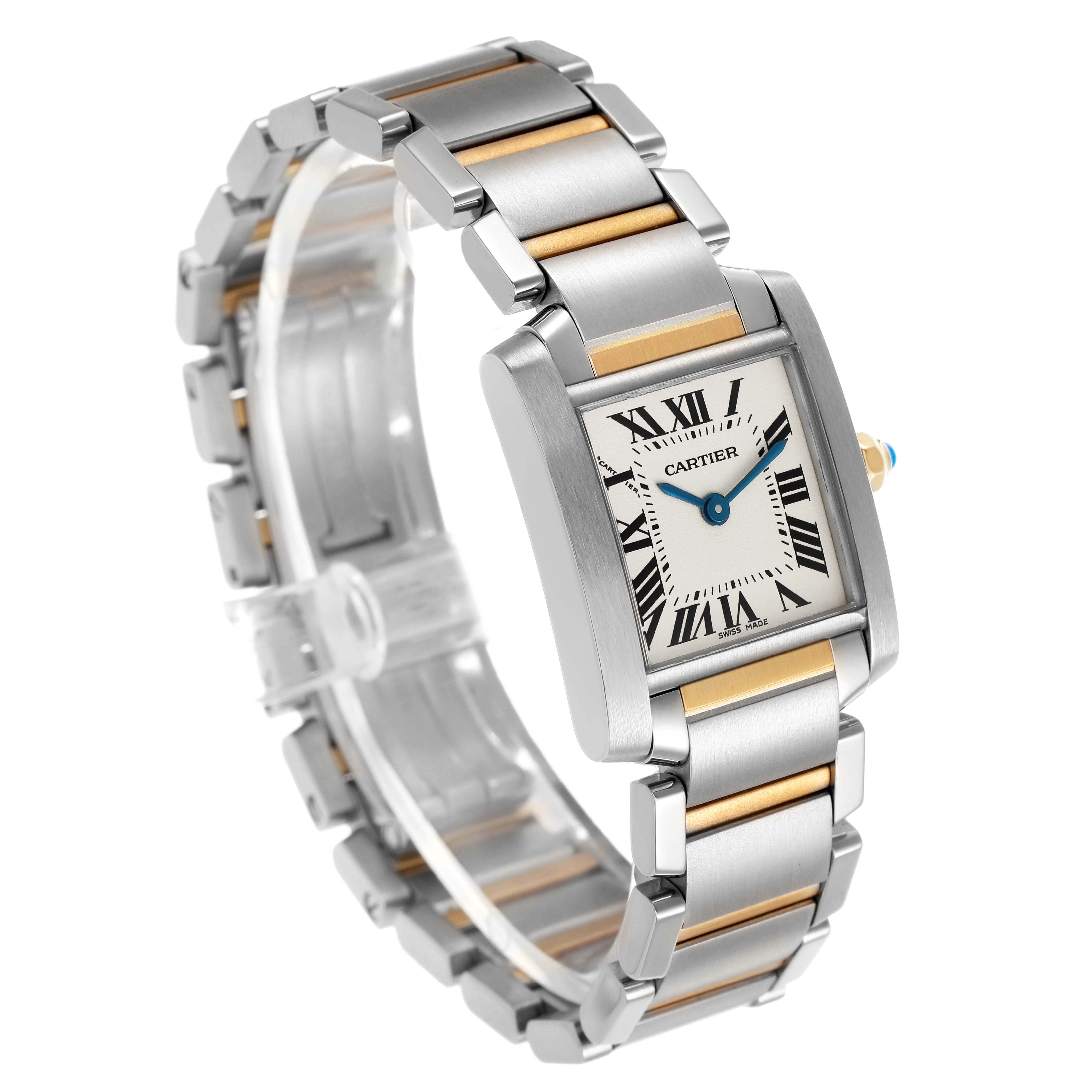 The Cartier Tank Francaise W51007Q4 Women's Stainless Steel Silver Dial watch is shown at a three-quarter angle, highlighting the face, bracelet, and crown.