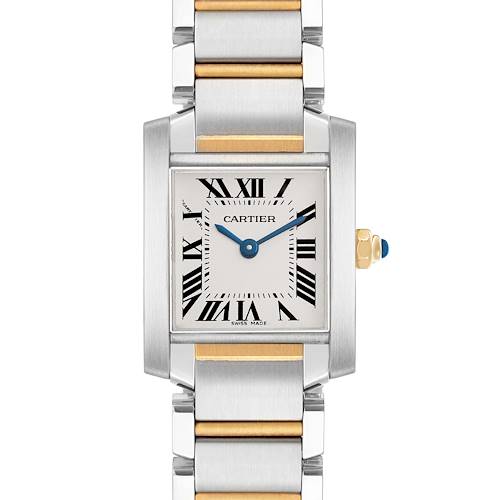 The Cartier Tank Francaise W51007Q4 Women's Stainless Steel Silver Dial is shown from a front angle, highlighting its rectangular case, Roman numeral dial, and bi-metal bracelet.