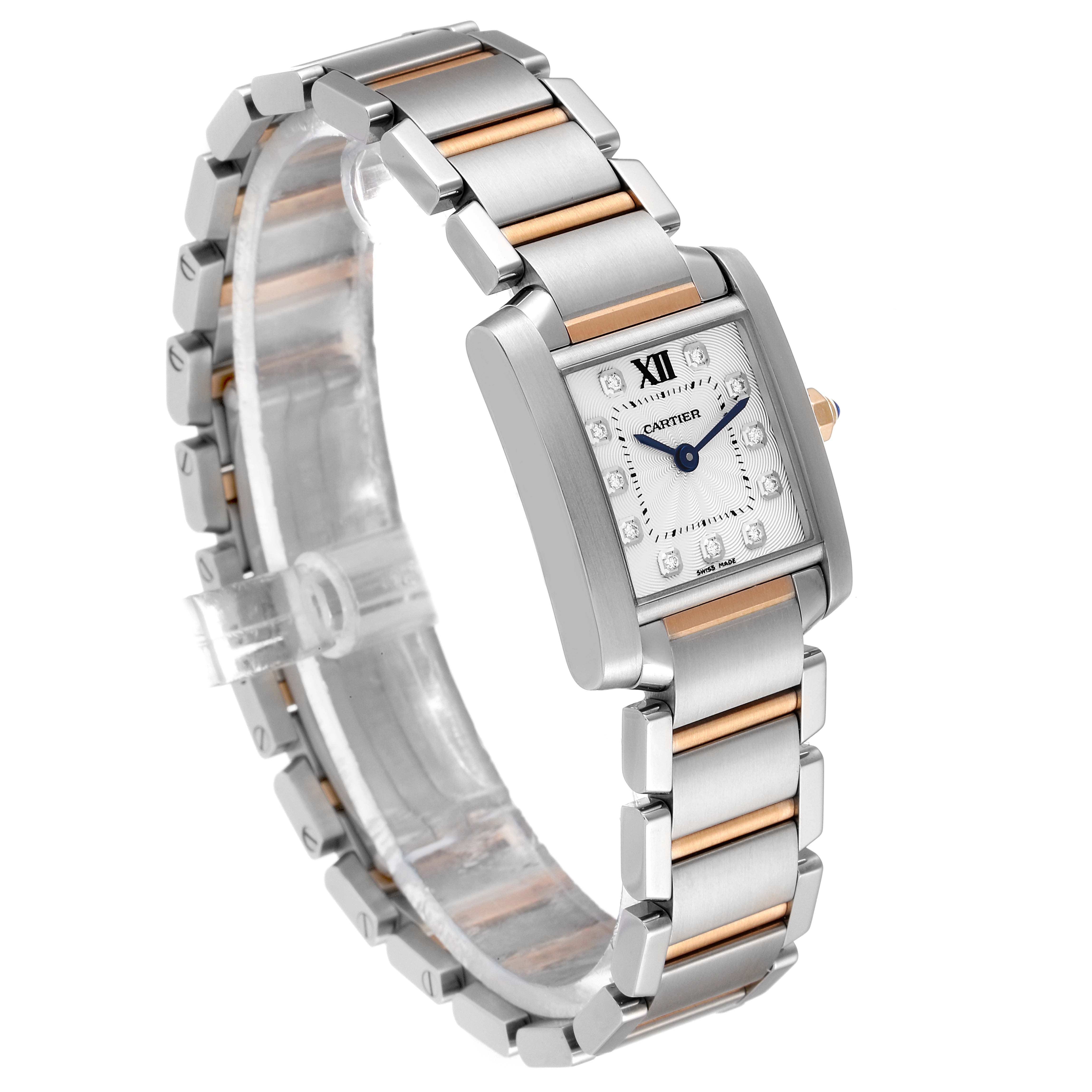The image shows a Cartier Tank Francaise WE110004 Women's Steel and Gold (two tone) Silver Dial WE110004 Women's Steel and Gold (two tone) Silver Dial watch at a three-quarter angle, highlighting its rectangular dial and metal bracelet with rose gold accents.