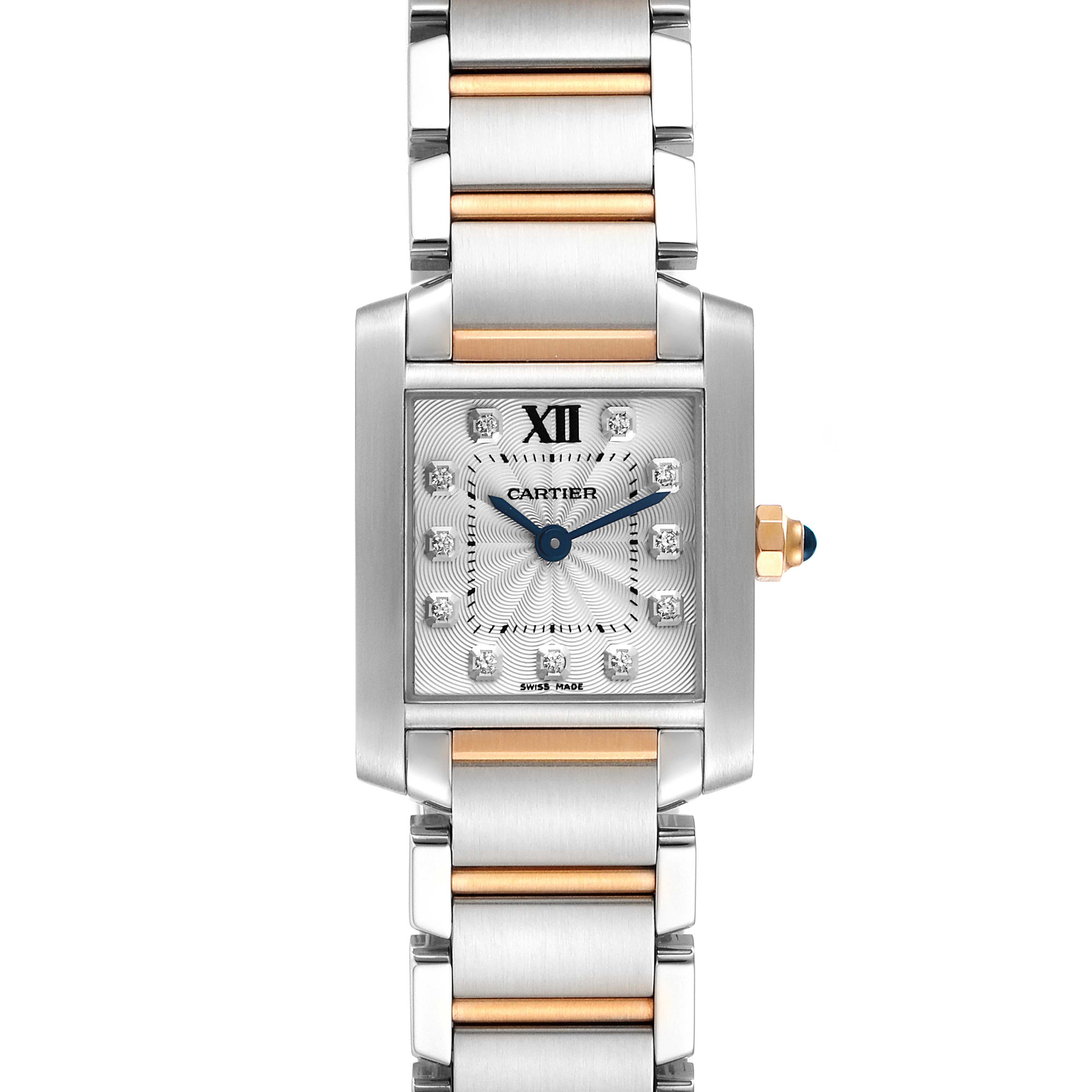 The image shows a Tank Francaise watch by Cartier from a front view, revealing the watch face and metal band.