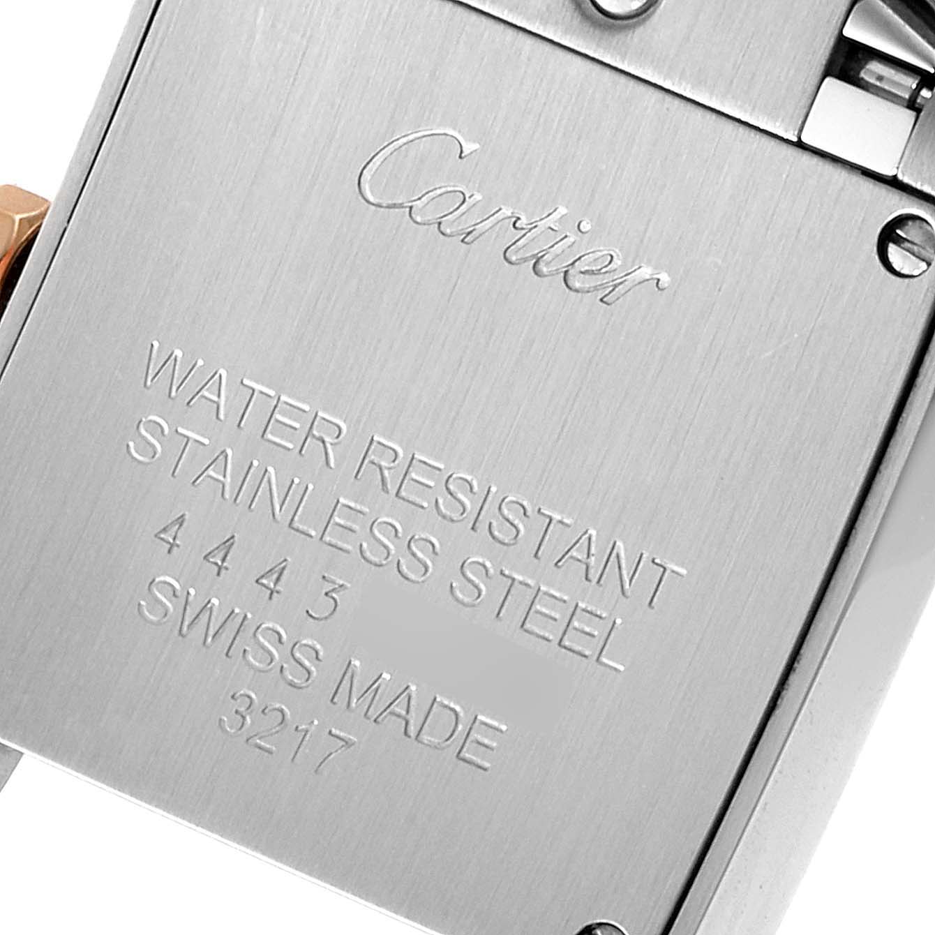 This image shows the back case of the Cartier Tank Francaise WE110004 Women's Steel and Gold (two tone) Silver Dial WE110004 Women's Steel and Gold (two tone) Silver Dial watch, highlighting the water resistance and material information.