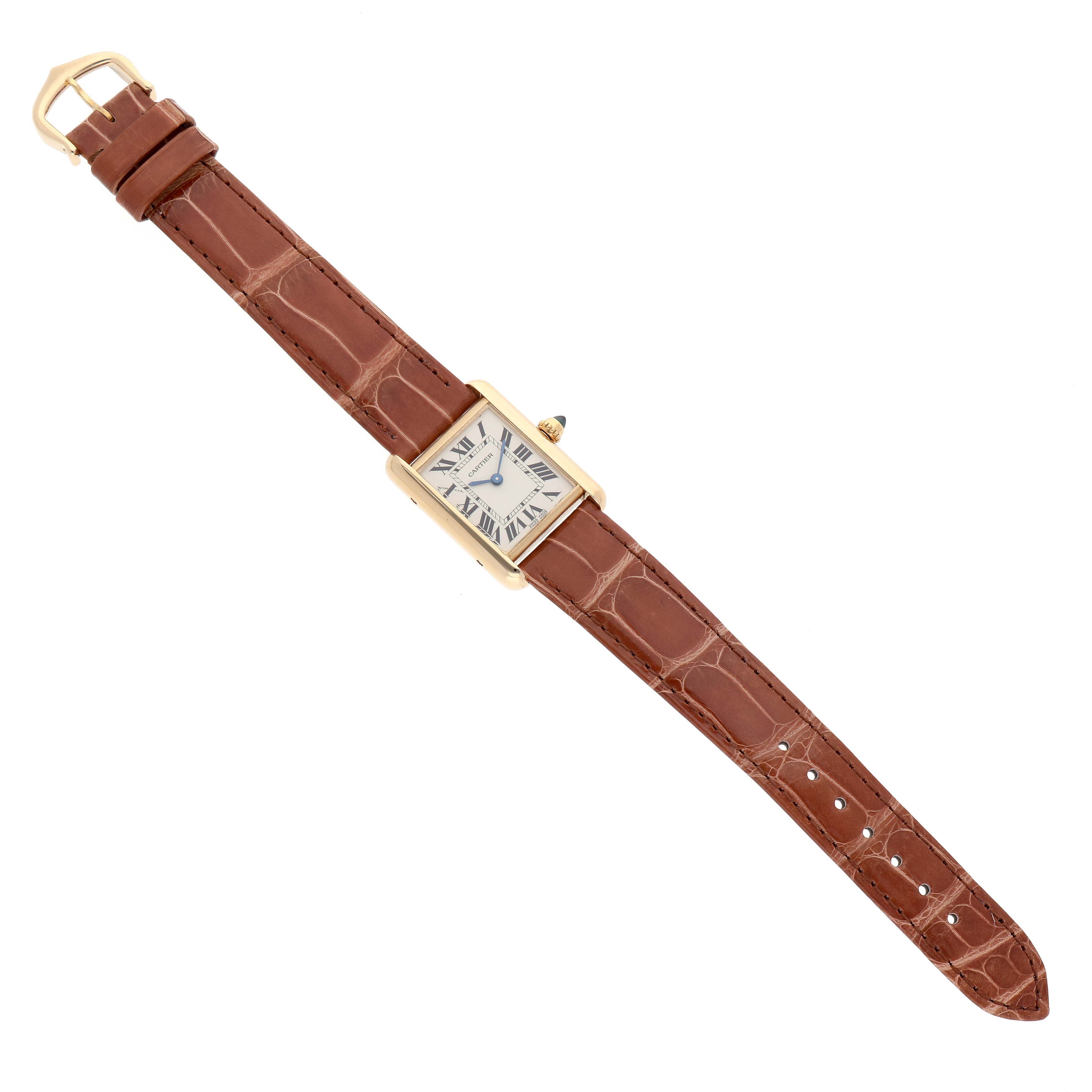 The Cartier Tank Louis W1529856 Women's Yellow Gold Silver Dial watch is shown from a top view, displaying its entire face, case, and brown leather strap.