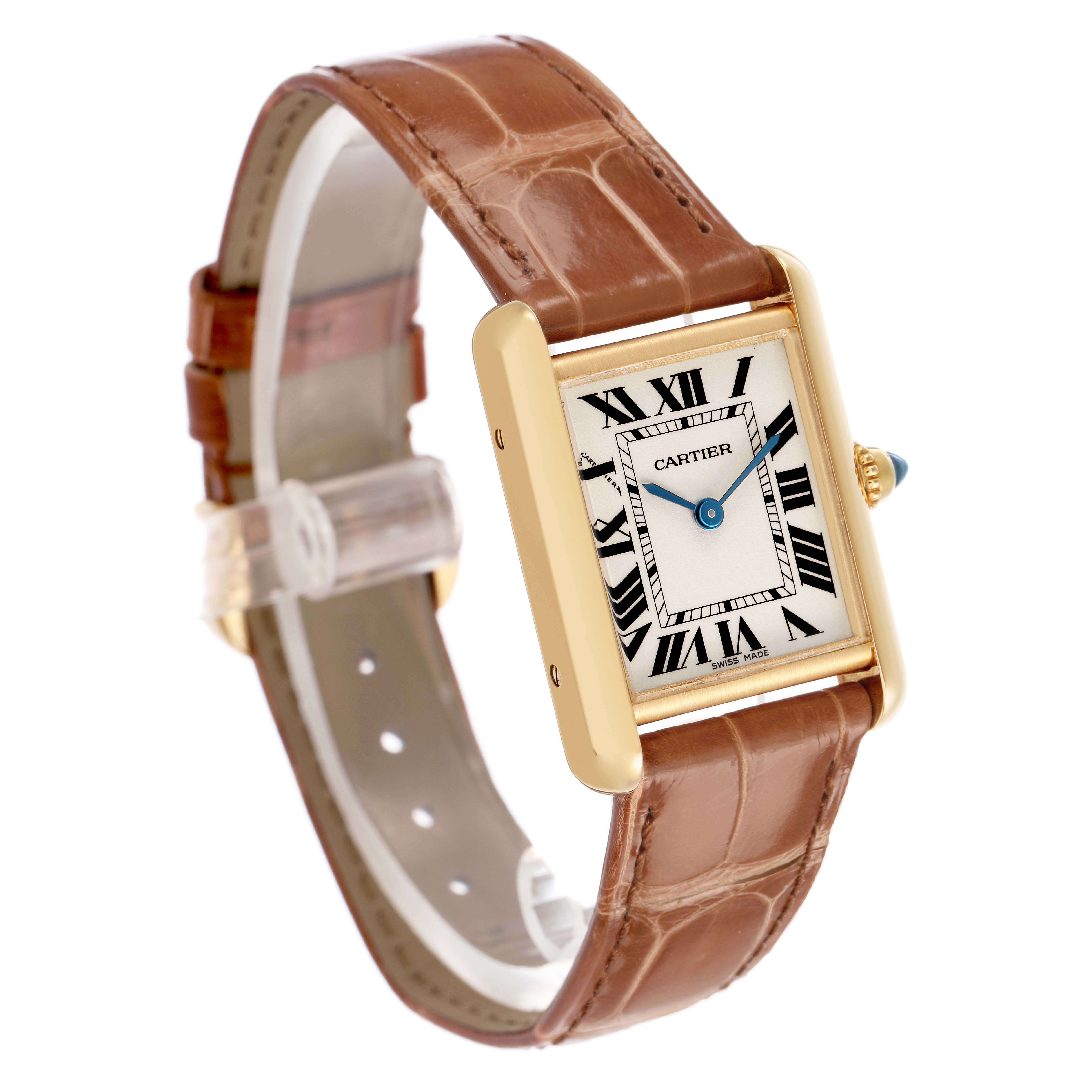 The Cartier Tank Louis W1529856 Women's Yellow Gold Silver Dial watch is shown at a slight angle, displaying the face, case, and brown leather strap.