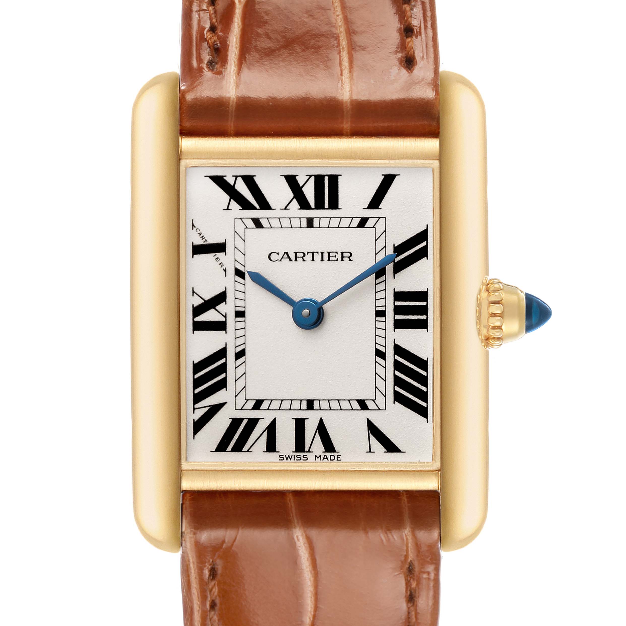 The Cartier Tank Louis W1529856 Women's Yellow Gold Silver Dial watch is shown from the front, highlighting its rectangular gold case, Roman numerals, and brown leather strap.