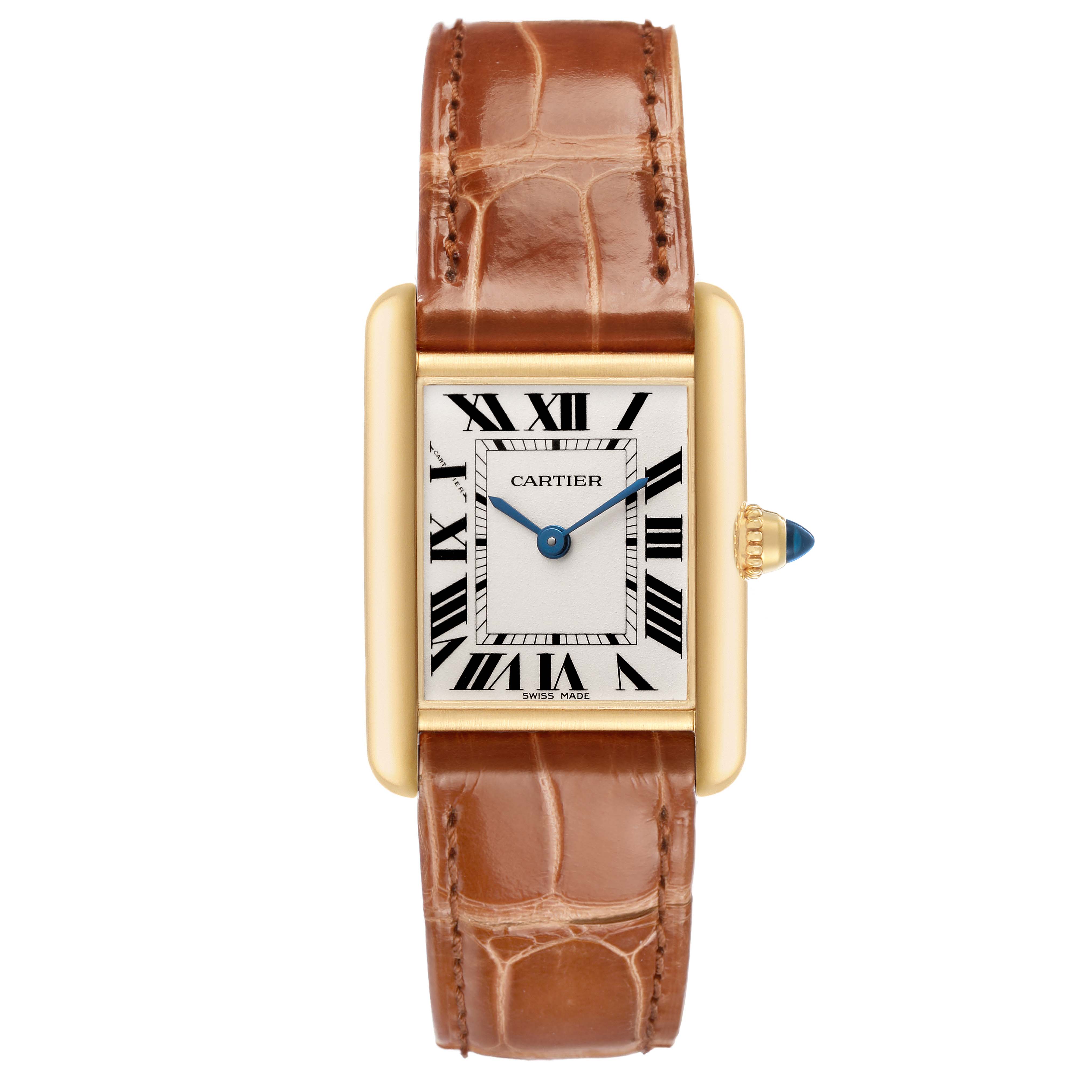 The Cartier Tank Louis W1529856 Women's Yellow Gold Silver Dial watch is shown from a frontal angle, displaying the rectangular dial, Roman numerals, blue hands, and brown leather strap.