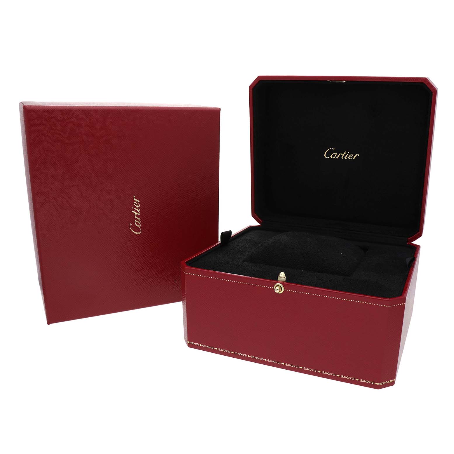 The image shows an open Cartier Tank Louis W1529856 Women's Yellow Gold Silver Dial watch box and its red outer box.