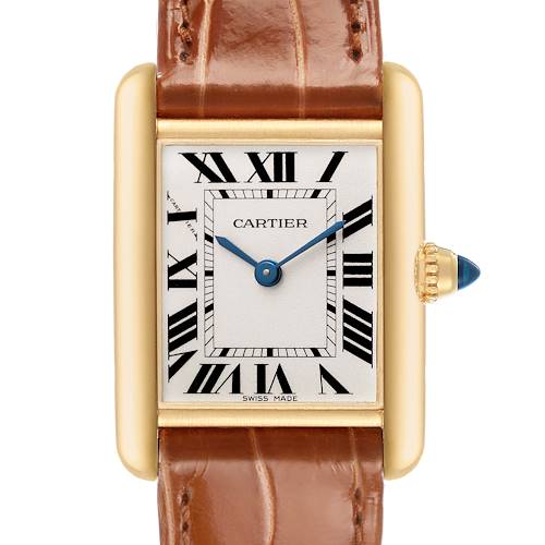 The image shows a front view of the Cartier Tank Louis W1529856 Women's Yellow Gold Silver Dial watch, highlighting its rectangular case, Roman numerals, and brown leather strap.
