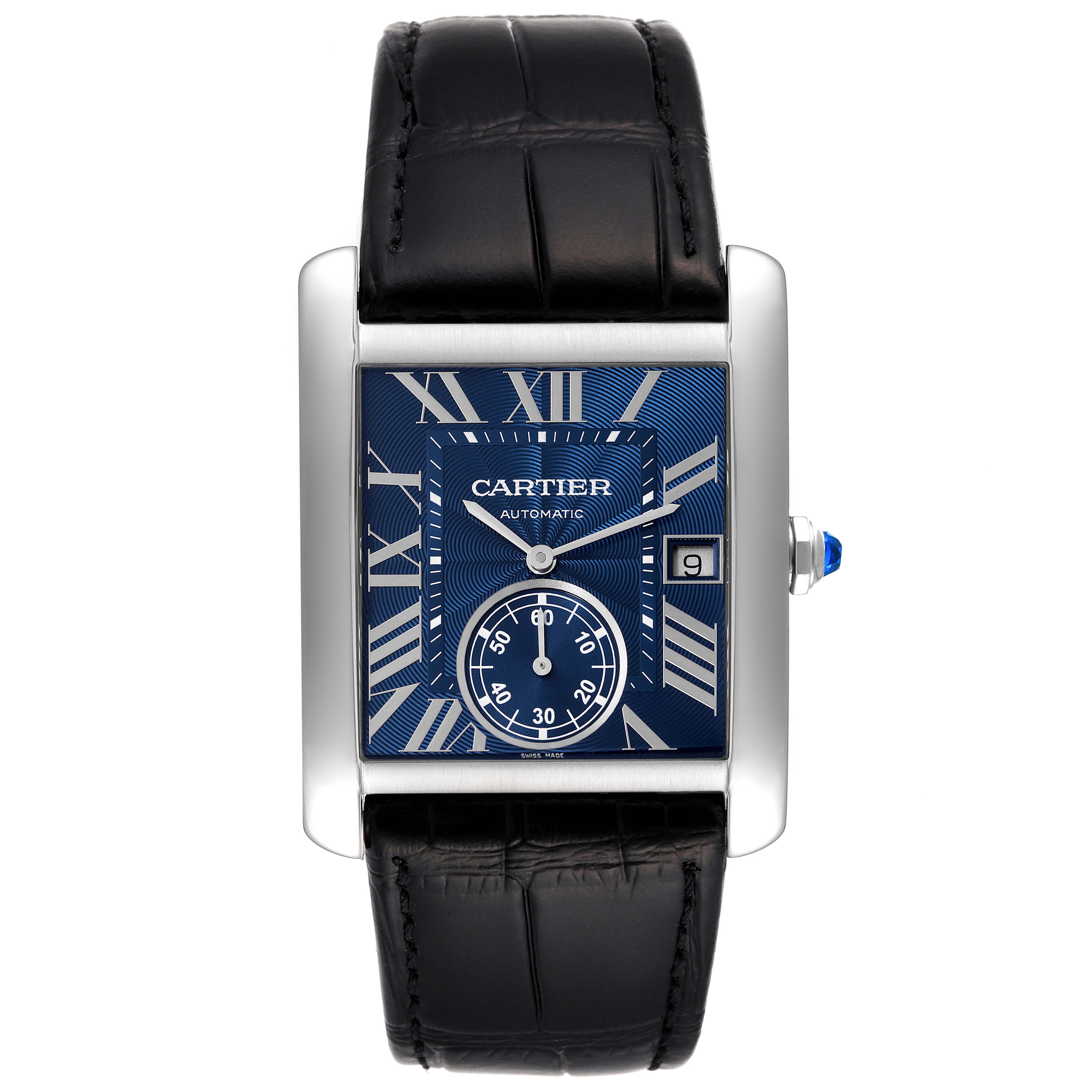 The image shows a front view of the Cartier Tank MC WSTA0010 Men
s Stainless Steel Blue Dial WSTA0010 Men
s Stainless Steel Blue Dial watch, displaying its blue dial, Roman numerals, and black leather strap.
