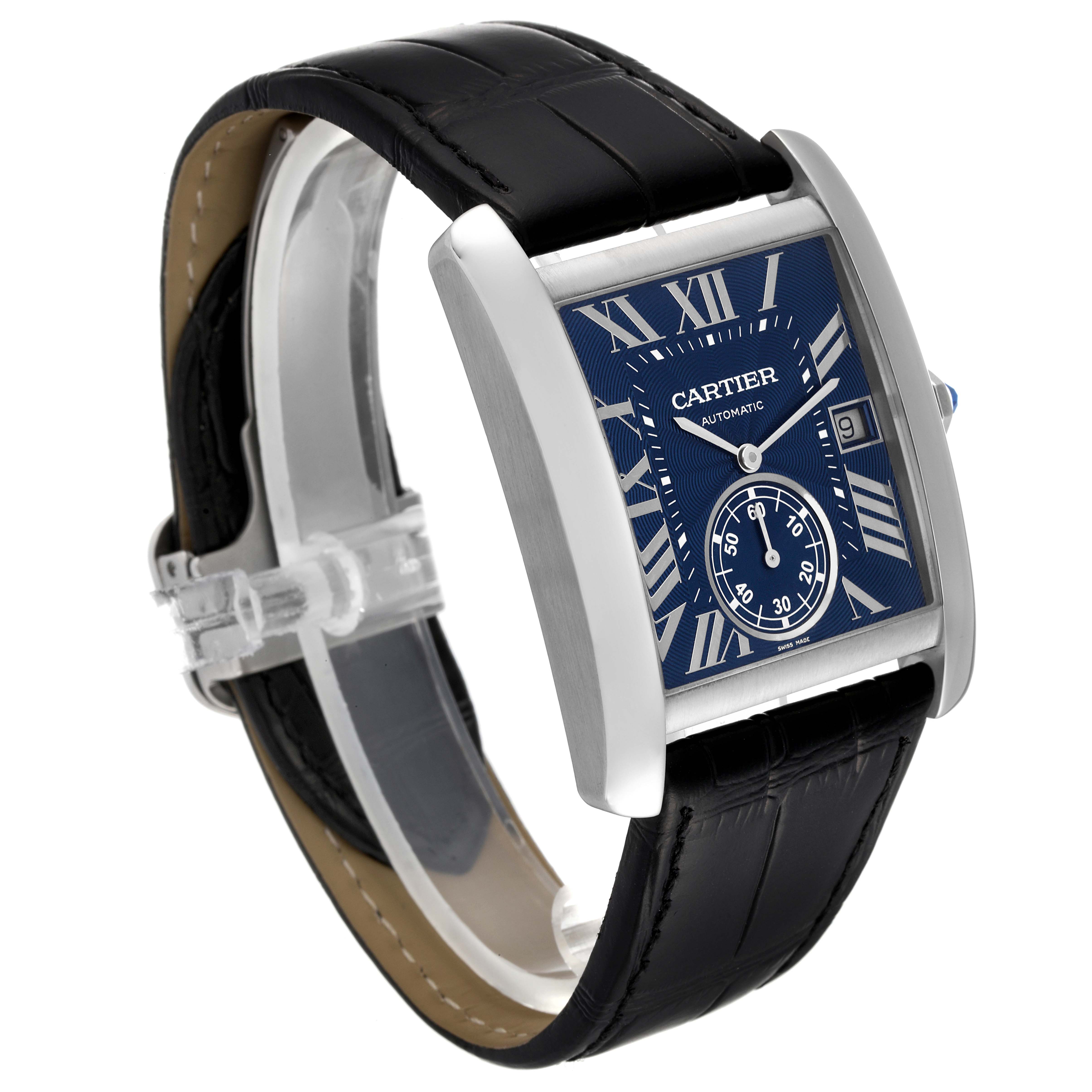 The image shows a side view of a Cartier Tank MC WSTA0010 Men
s Stainless Steel Blue Dial WSTA0010 Men
s Stainless Steel Blue Dial watch, highlighting the face, bezel, and part of the black leather strap.