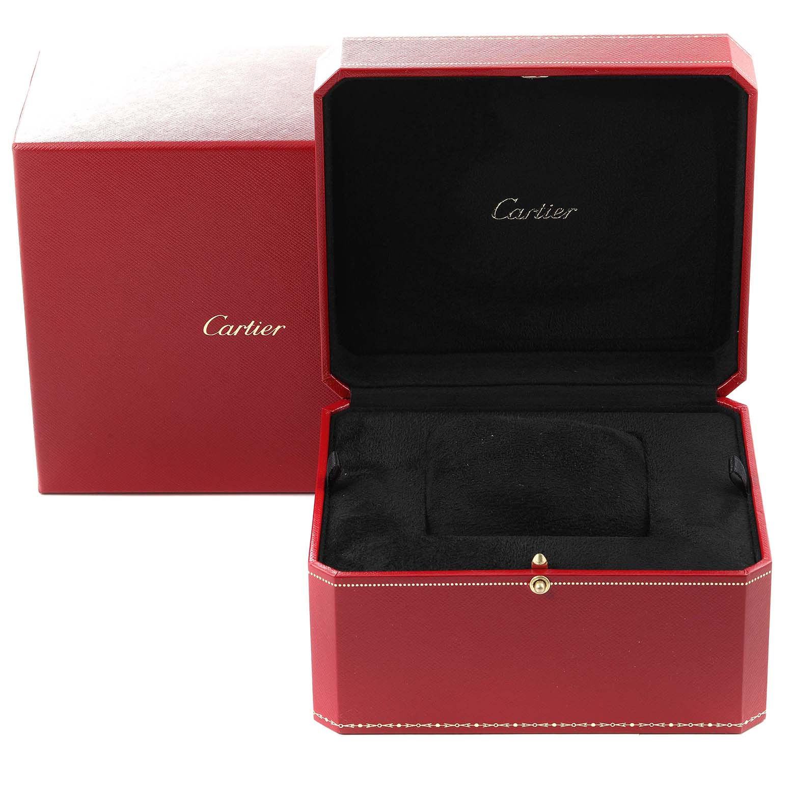 This image shows an open red watch box and its outer case for the Cartier Tank MC W5330002 Men's Rose Gold Brown Dial W5330002 Men's Rose Gold Brown Dial model.
