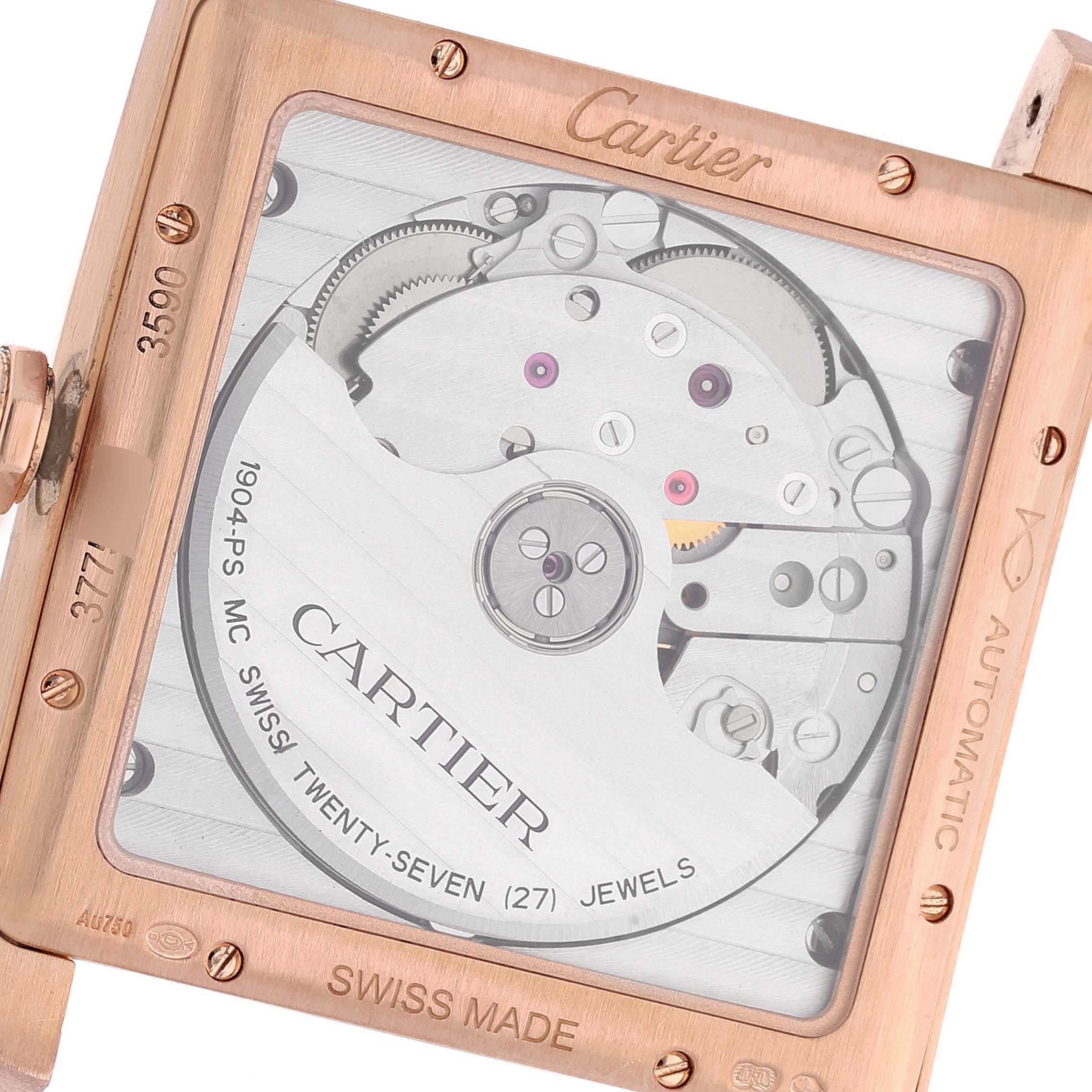 The image shows the case back of a Cartier Tank MC W5330002 Men's Rose Gold Brown Dial W5330002 Men's Rose Gold Brown Dial watch, highlighting its automatic movement.