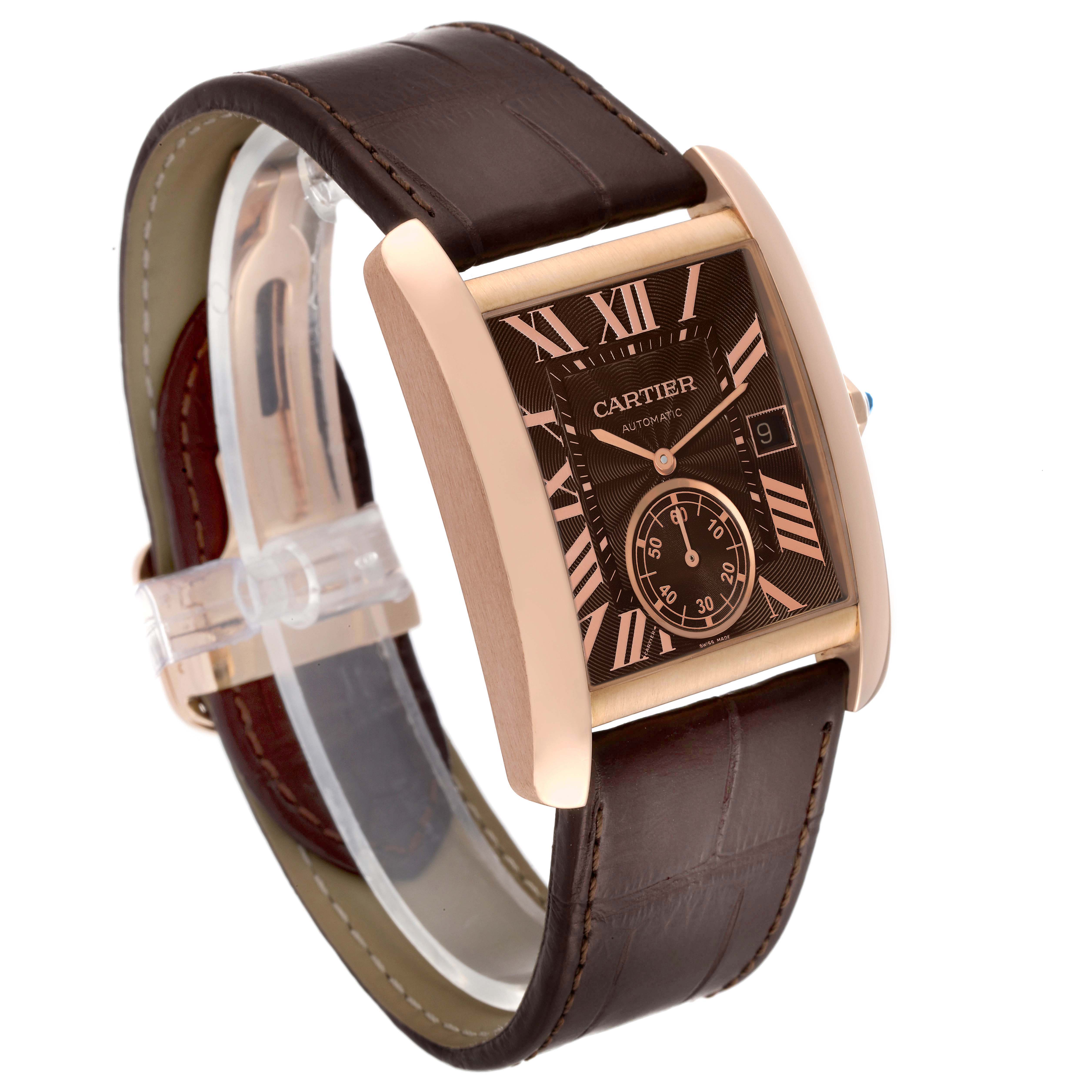 The image shows a Cartier Tank MC W5330002 Men's Rose Gold Brown Dial W5330002 Men's Rose Gold Brown Dial watch, angled to display the brown leather strap, rectangular face, and rose gold case.