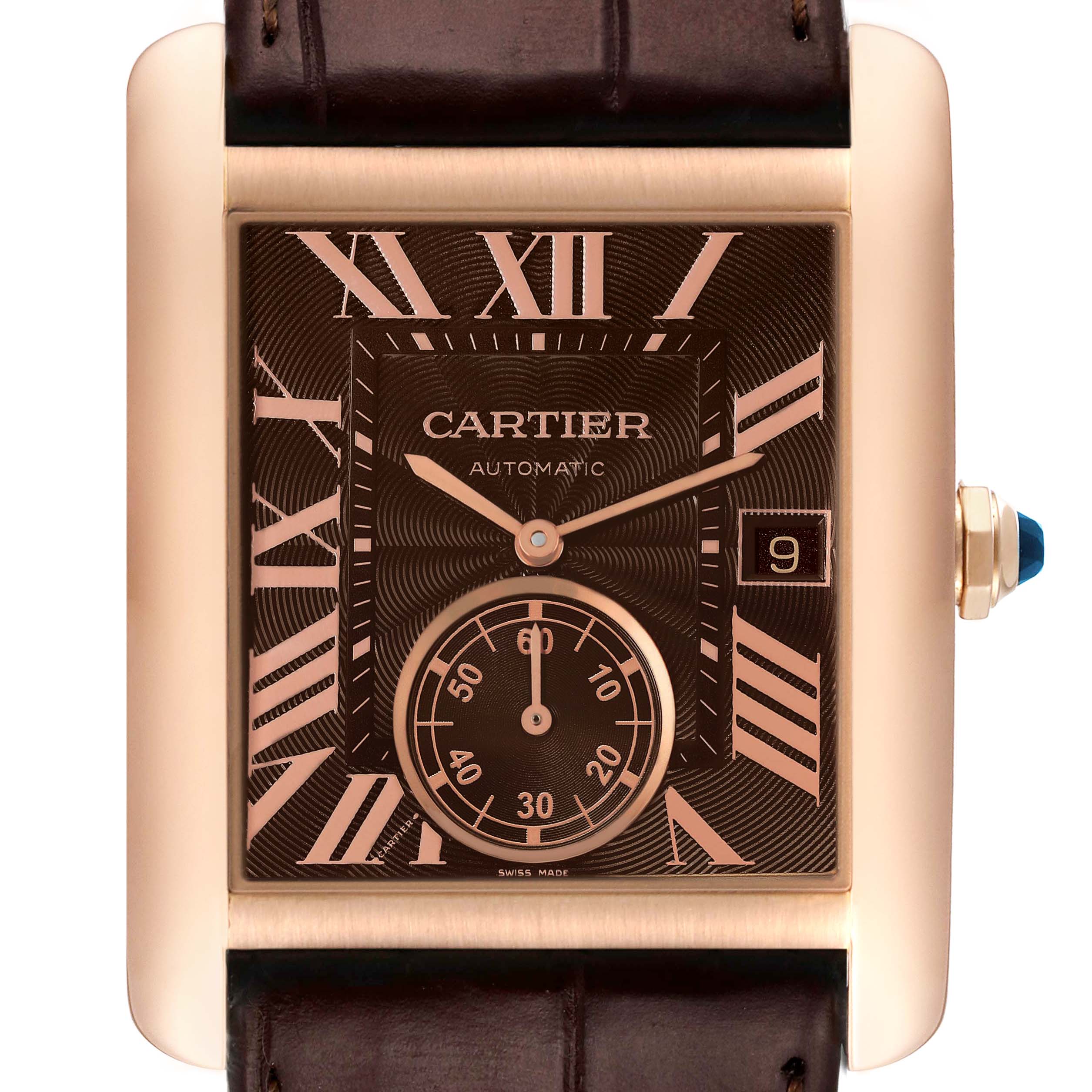This Cartier Tank MC W5330002 Men's Rose Gold Brown Dial W5330002 Men's Rose Gold Brown Dial watch is shown from a straight-on angle, featuring the dial, hands, subdial, and part of the leather strap.