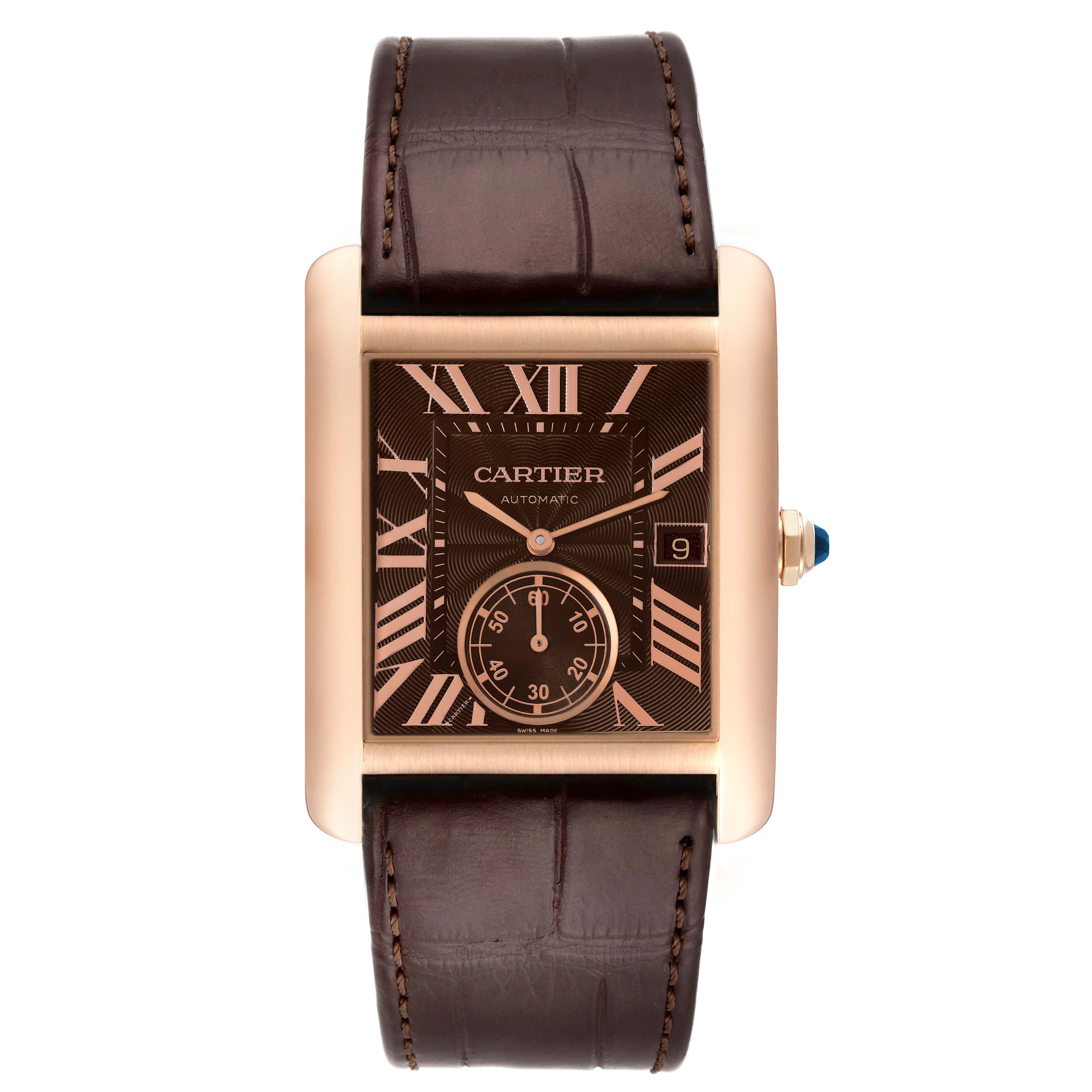 The image shows a full frontal view of the Cartier Tank MC W5330002 Men's Rose Gold Brown Dial W5330002 Men's Rose Gold Brown Dial watch, highlighting its face and brown leather strap.