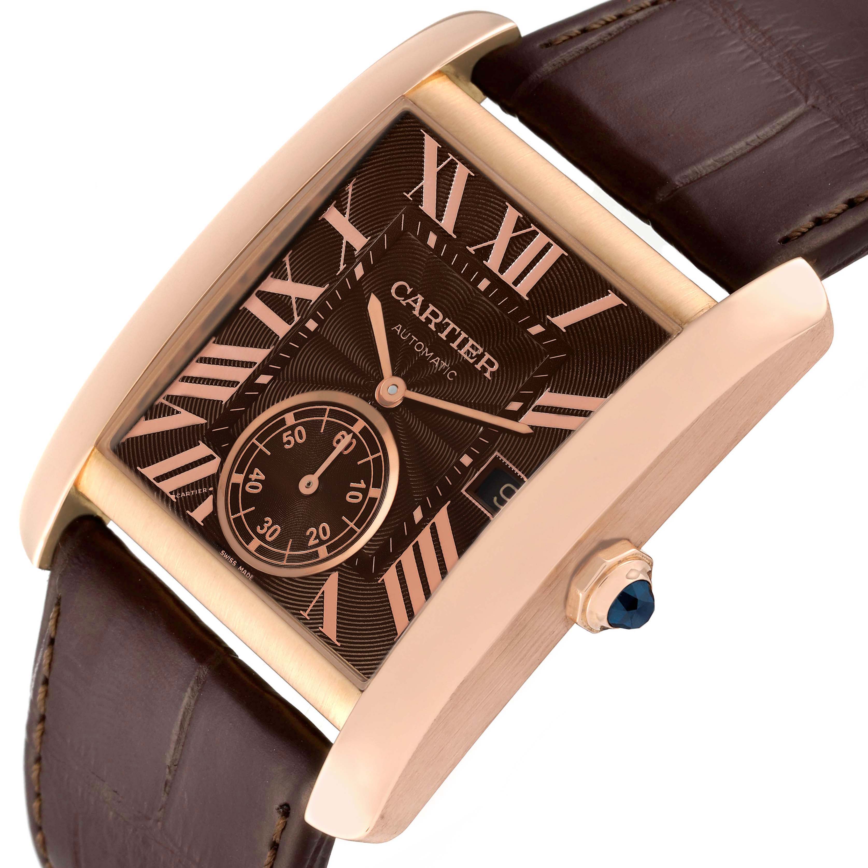 The image shows a close-up angle of the Cartier Tank MC W5330002 Men's Rose Gold Brown Dial W5330002 Men's Rose Gold Brown Dial watch, focusing on the face, crown, and part of the leather strap.