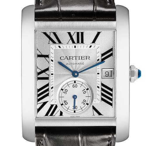 The Cartier Tank MC W5330003 Men's Stainless Steel Silver Dial watch is shown from a front view, highlighting the dial, Roman numerals, blued hands, and crown.