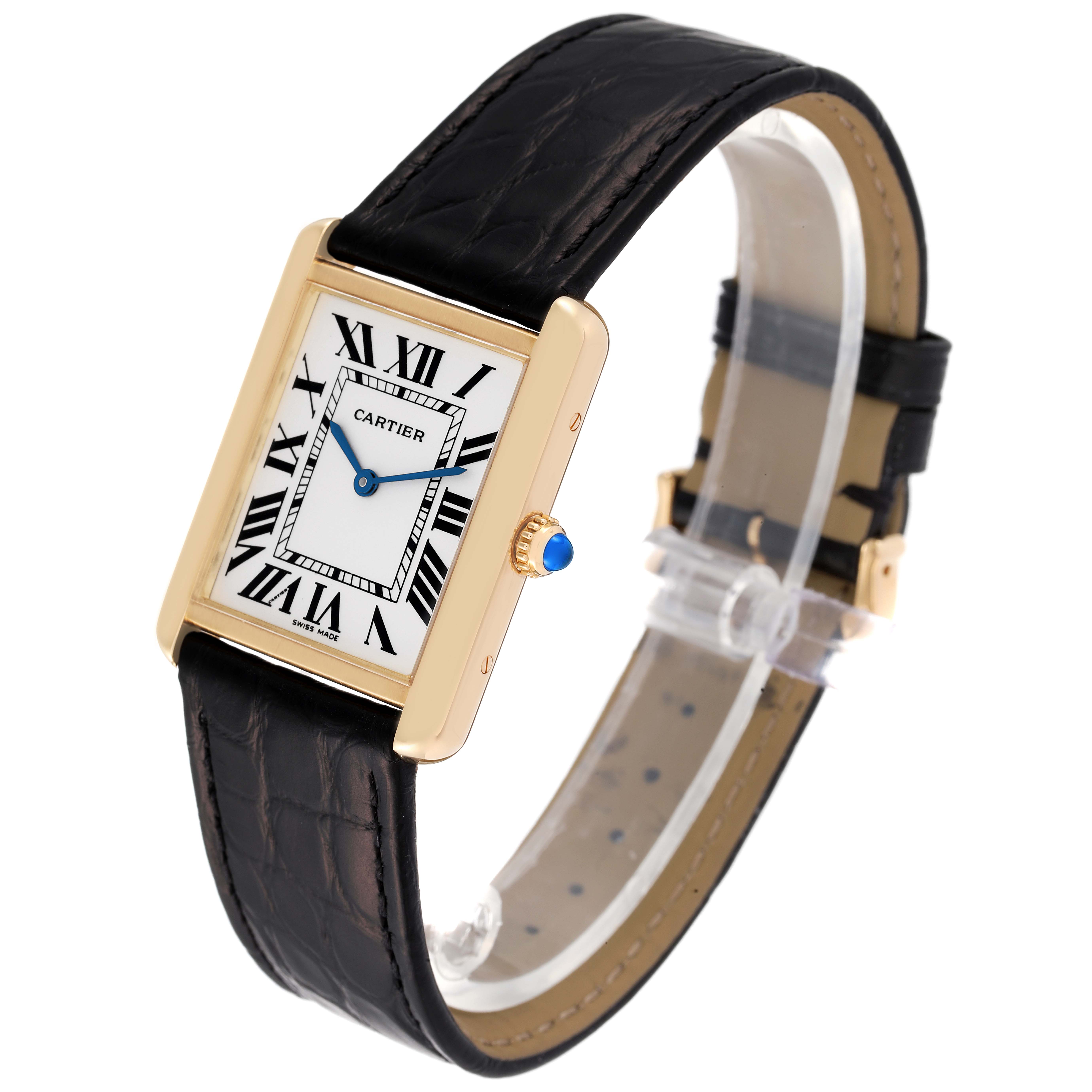 The image shows the Cartier Tank Solo W5200004 Men
s Yellow Gold Silver Dial W5200004 Men
s Yellow Gold Silver Dial watch from a 3/4 angle, displaying its face, crown, and leather strap.