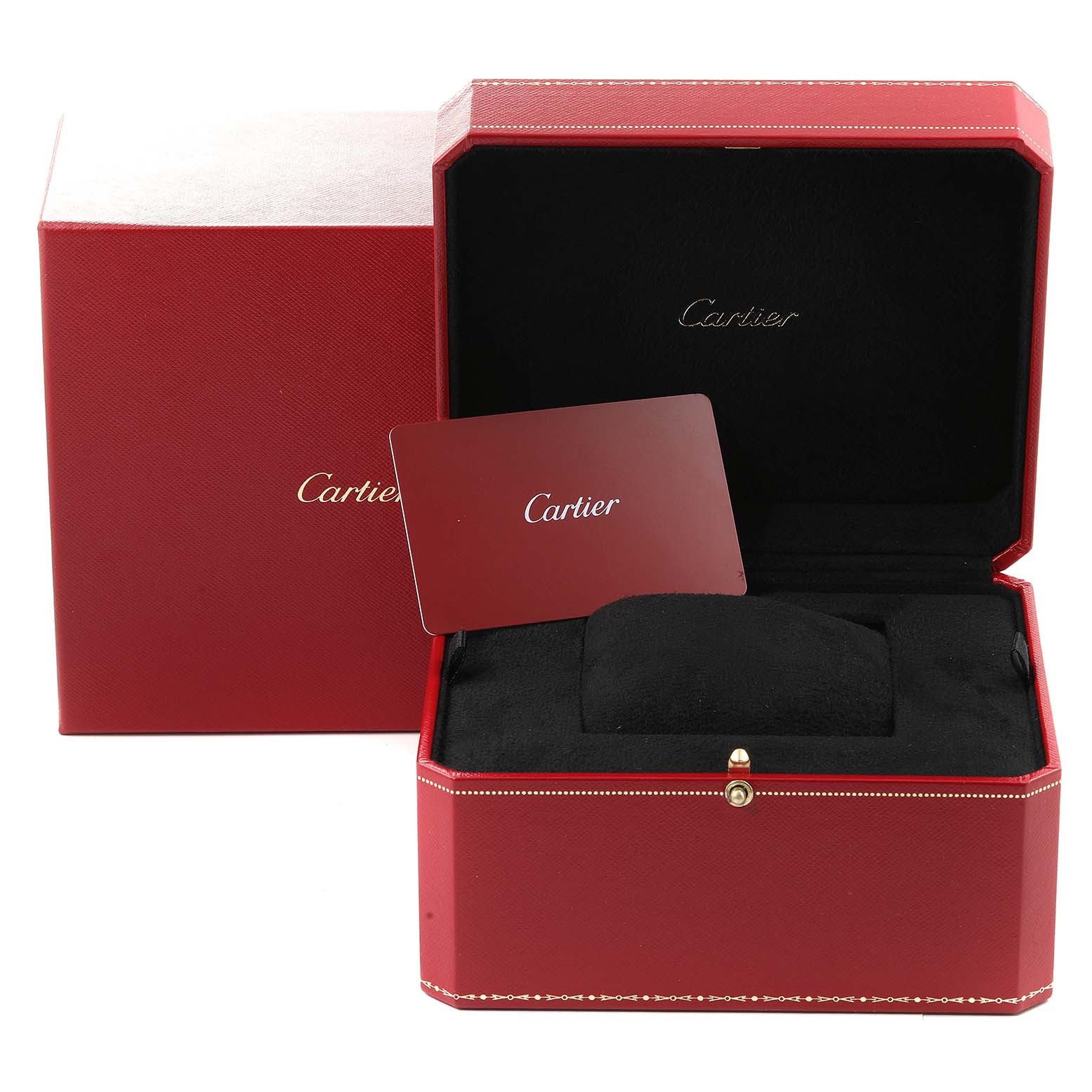 This image shows a Cartier Tank Solo W5200004 Men
s Yellow Gold Silver Dial W5200004 Men
s Yellow Gold Silver Dial watch box and accompanying accessories, including a cushion and a Cartier certificate card.