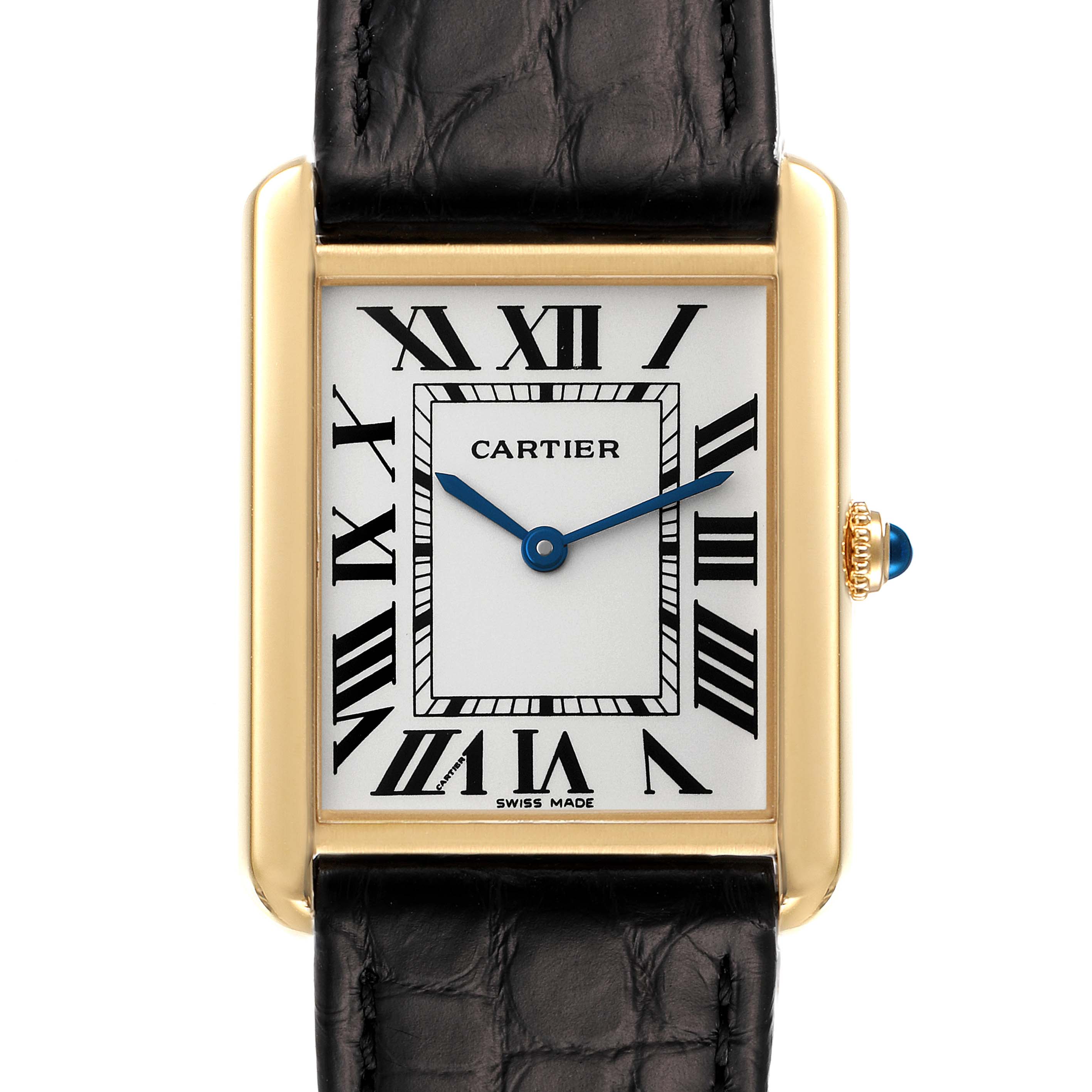 The image shows a front view of the Cartier Tank Solo W5200004 Men
s Yellow Gold Silver Dial W5200004 Men
s Yellow Gold Silver Dial watch, displaying its dial, bezel, and part of the leather strap.