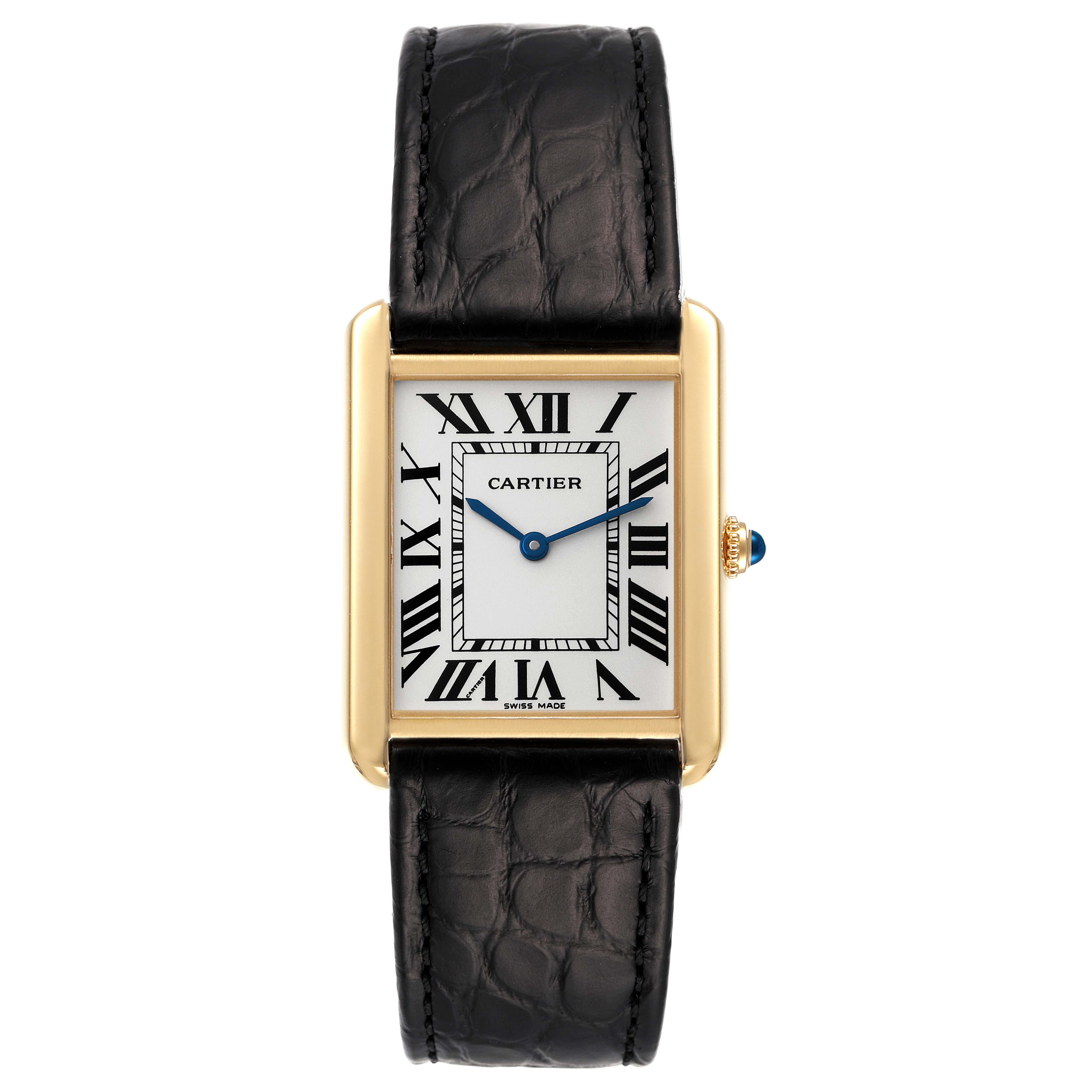 This image shows a head-on view of a Cartier Tank Solo W5200004 Men
s Yellow Gold Silver Dial W5200004 Men
s Yellow Gold Silver Dial watch, displaying the face, case, and leather strap.