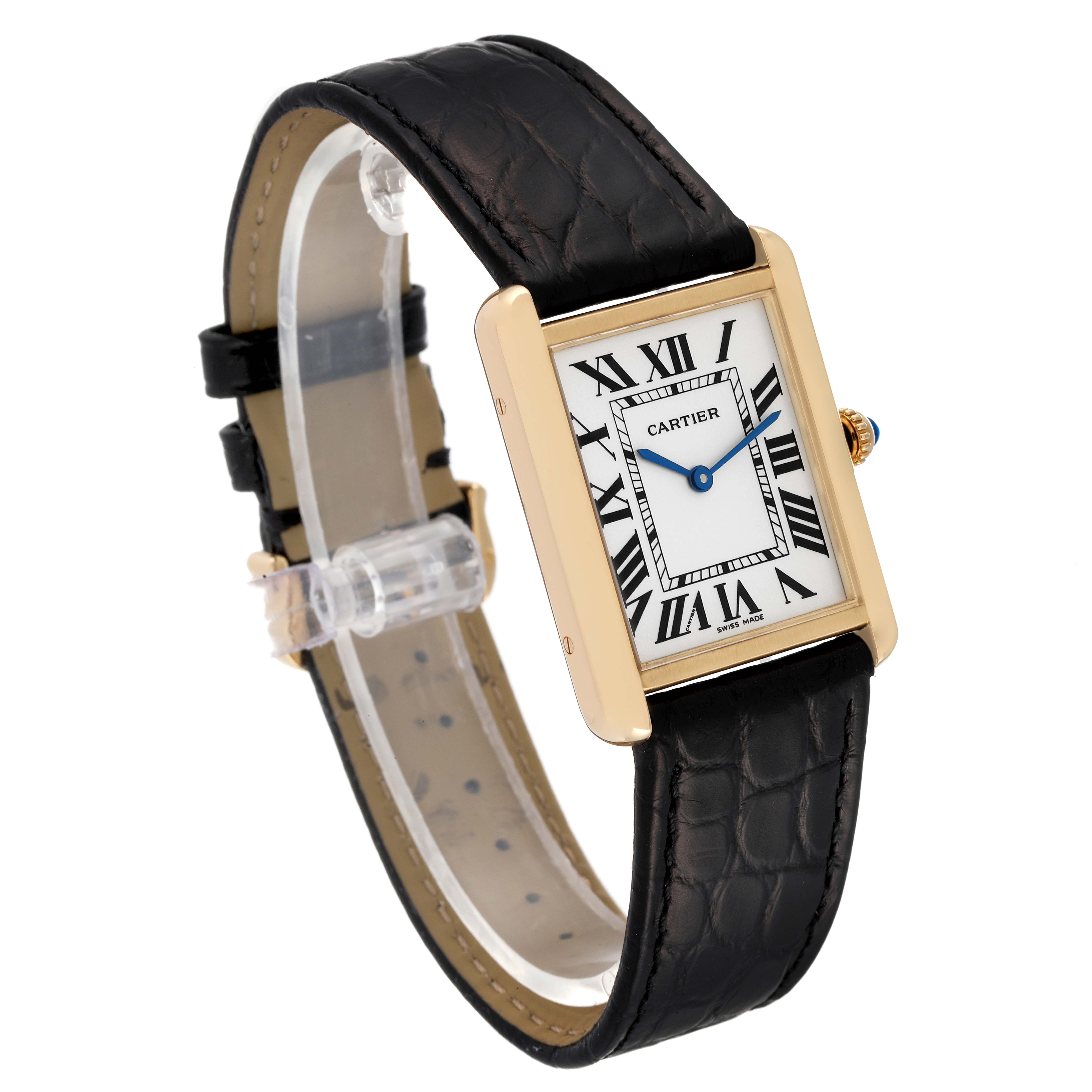The Cartier Tank Solo W5200004 Men
s Yellow Gold Silver Dial W5200004 Men
s Yellow Gold Silver Dial watch is shown from a three-quarter angle, displaying its rectangular face, leather strap, and side crown.