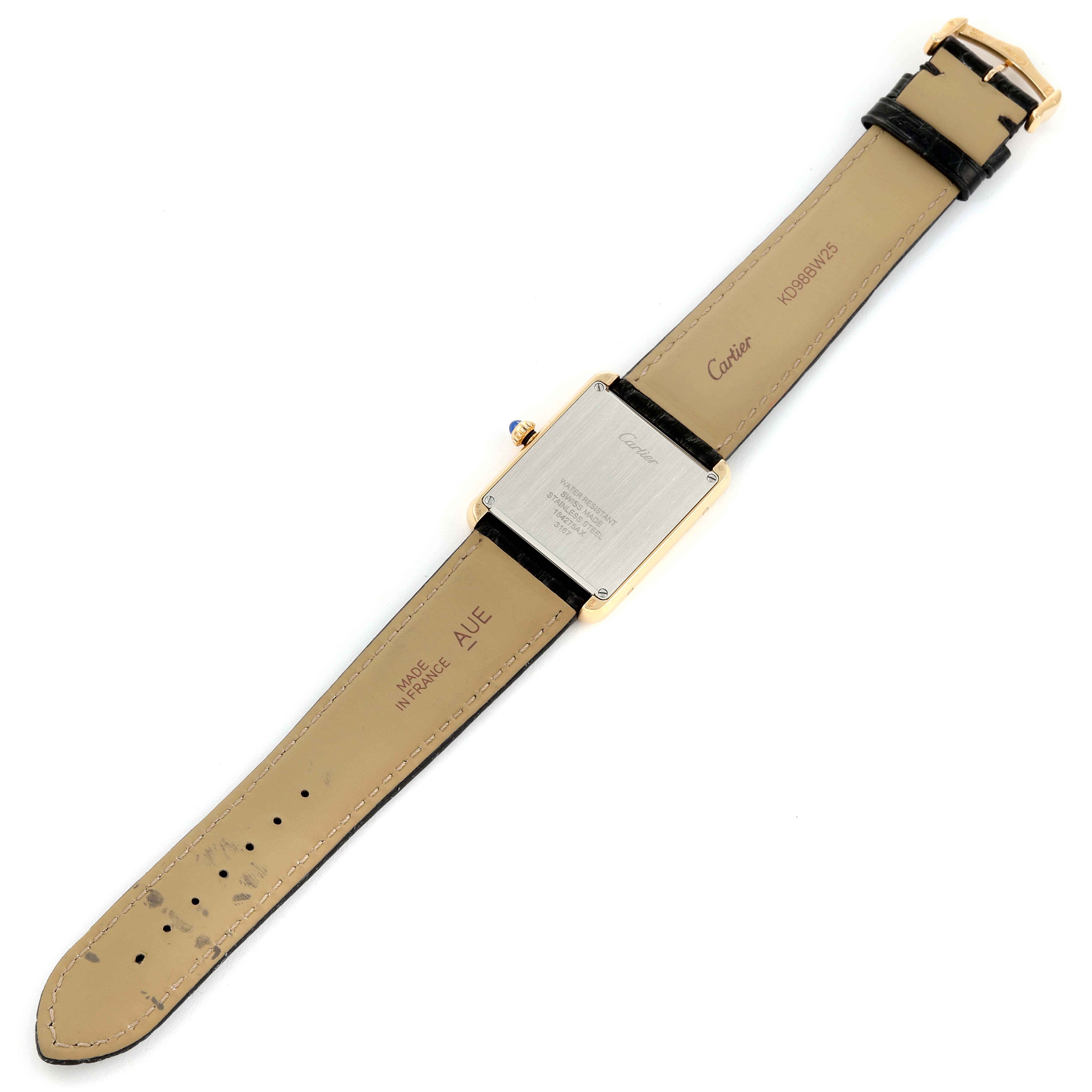 The image shows the back side of a Cartier Tank Solo W5200004 Men
s Yellow Gold Silver Dial W5200004 Men
s Yellow Gold Silver Dial watch, displaying the caseback, full strap, and buckle.