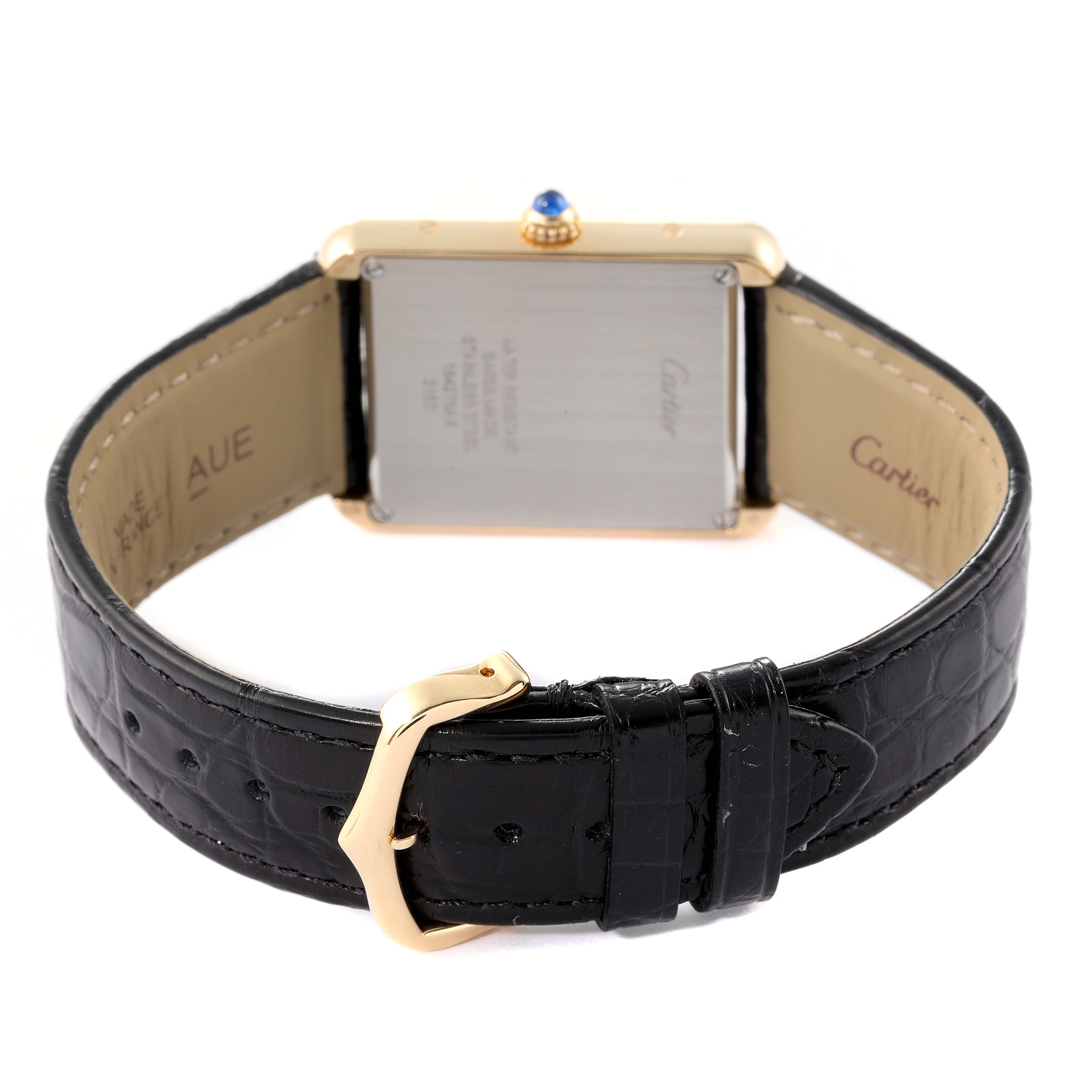 The image shows the back view of the Cartier Tank Solo W5200004 Men
s Yellow Gold Silver Dial W5200004 Men
s Yellow Gold Silver Dial watch, featuring the black leather strap and gold buckle.