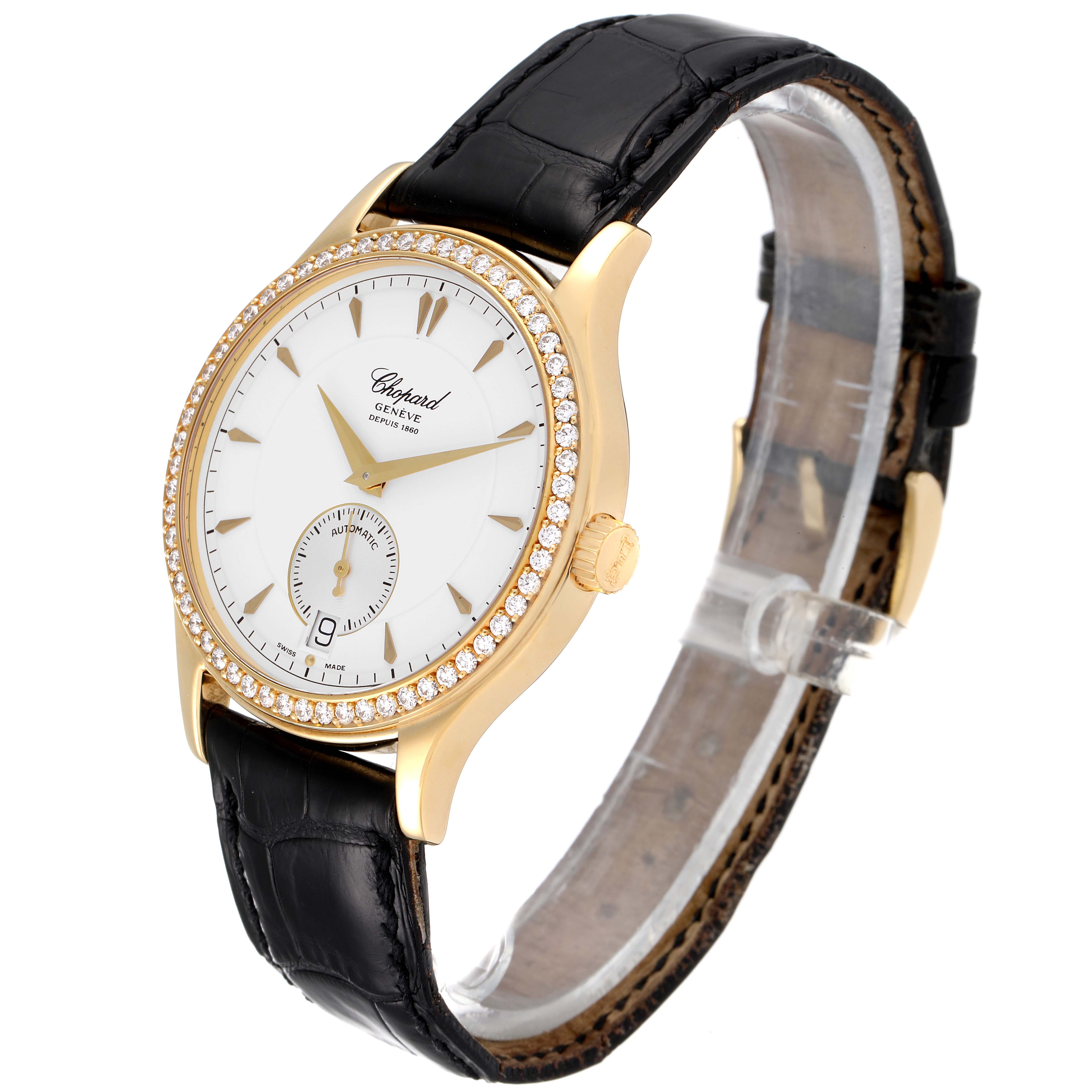 The image shows a Chopard Happy Diamond 17/1860 Men's Yellow Gold Silver Dial 17/1860 Men's Yellow Gold Silver Dial model watch at a three-quarter angle, displaying its face, diamond-studded bezel, and black leather strap.
