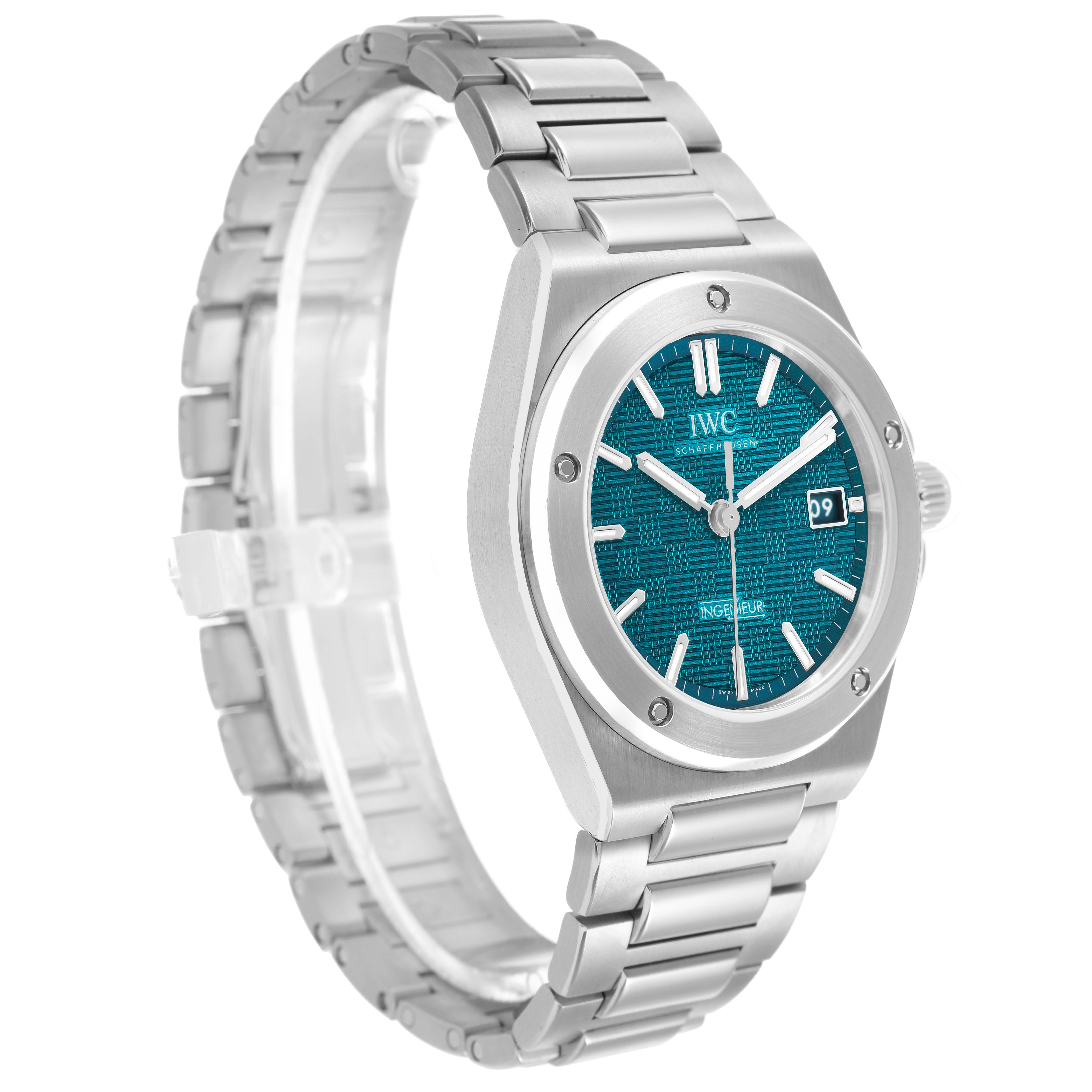 The IWC Ingenieur IW328903 Men's Stainless Steel Blue Dial watch is shown at an angled side view, highlighting the bracelet, case, and blue dial.