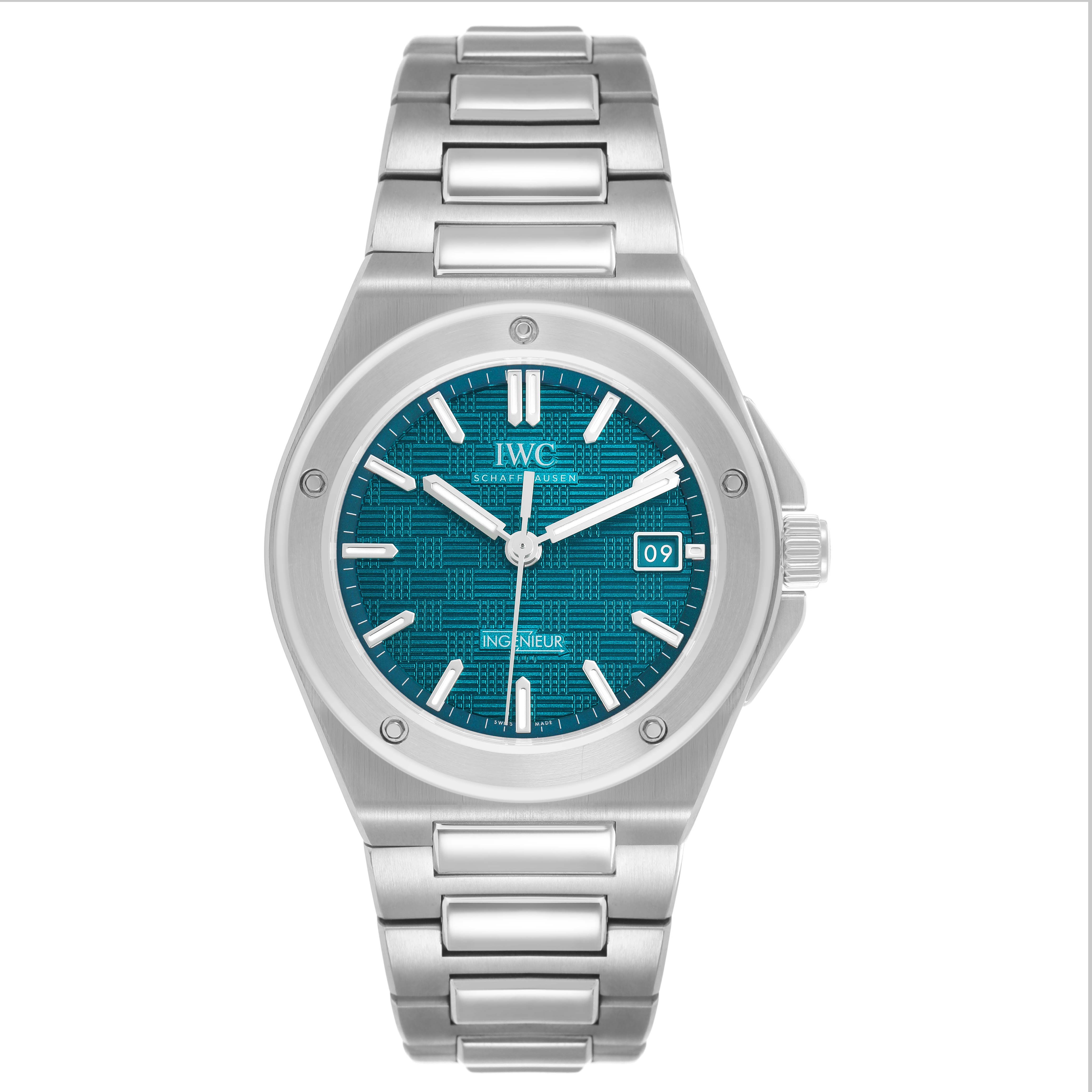 The IWC Ingenieur IW328903 Men's Stainless Steel Blue Dial watch is shown from a front angle, displaying its face, bracelet, and crown on the right side.
