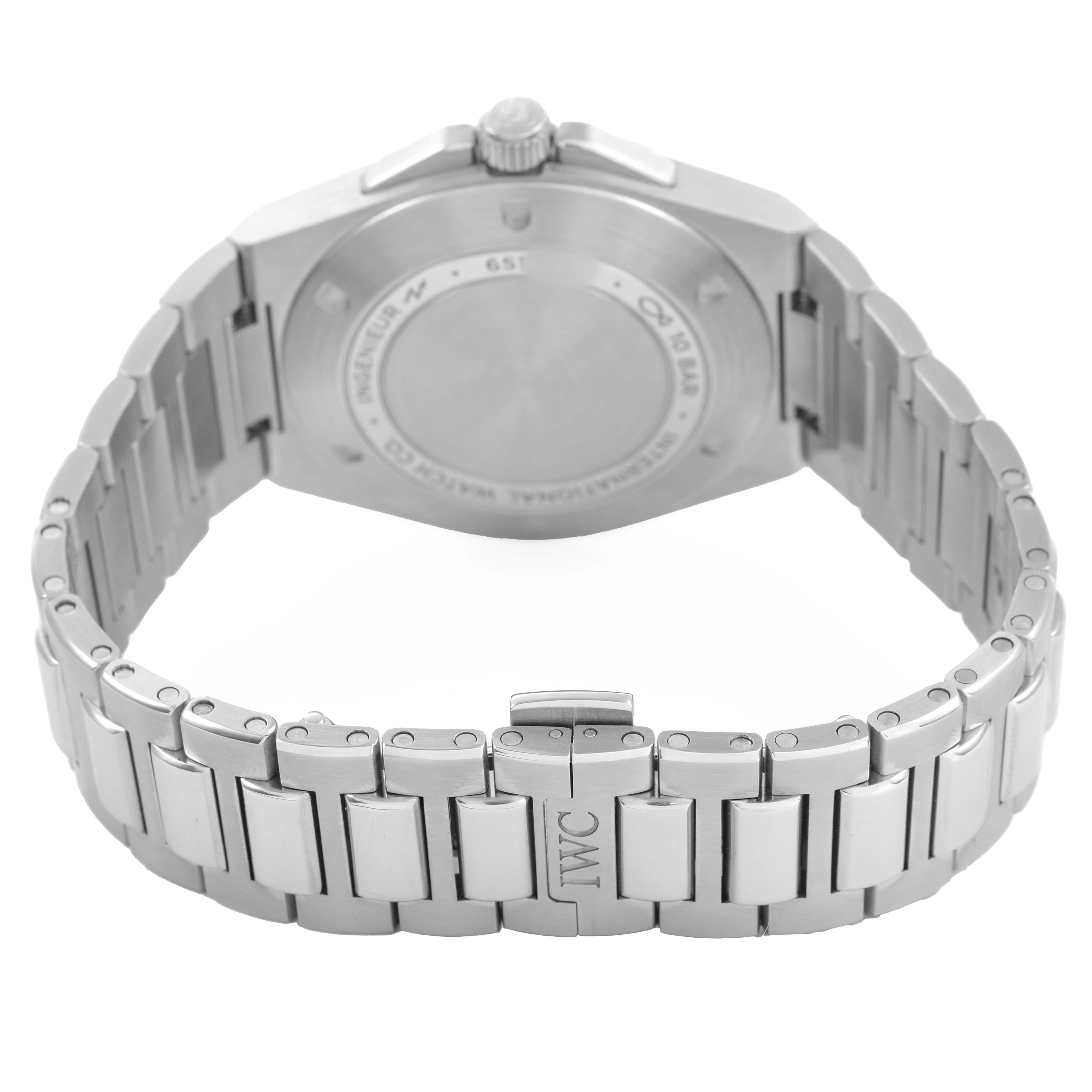 The image shows the back case and bracelet of the IWC Ingenieur IW328903 Men's Stainless Steel Blue Dial watch from a rear angle.