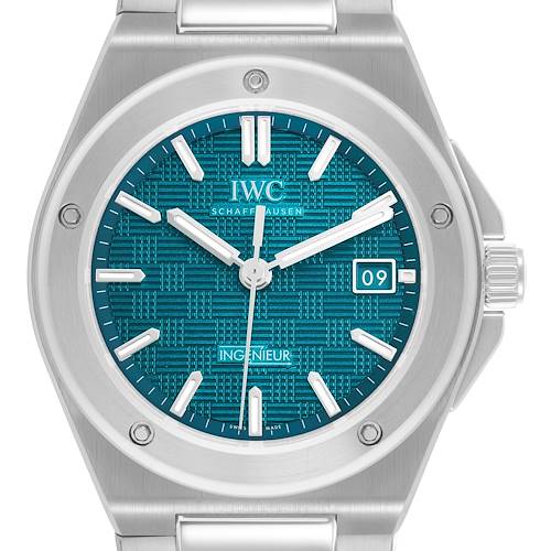 The image shows a frontal view of an IWC Ingenieur IW328903 Men's Stainless Steel Blue Dial watch, highlighting the dial, hands, and date window.