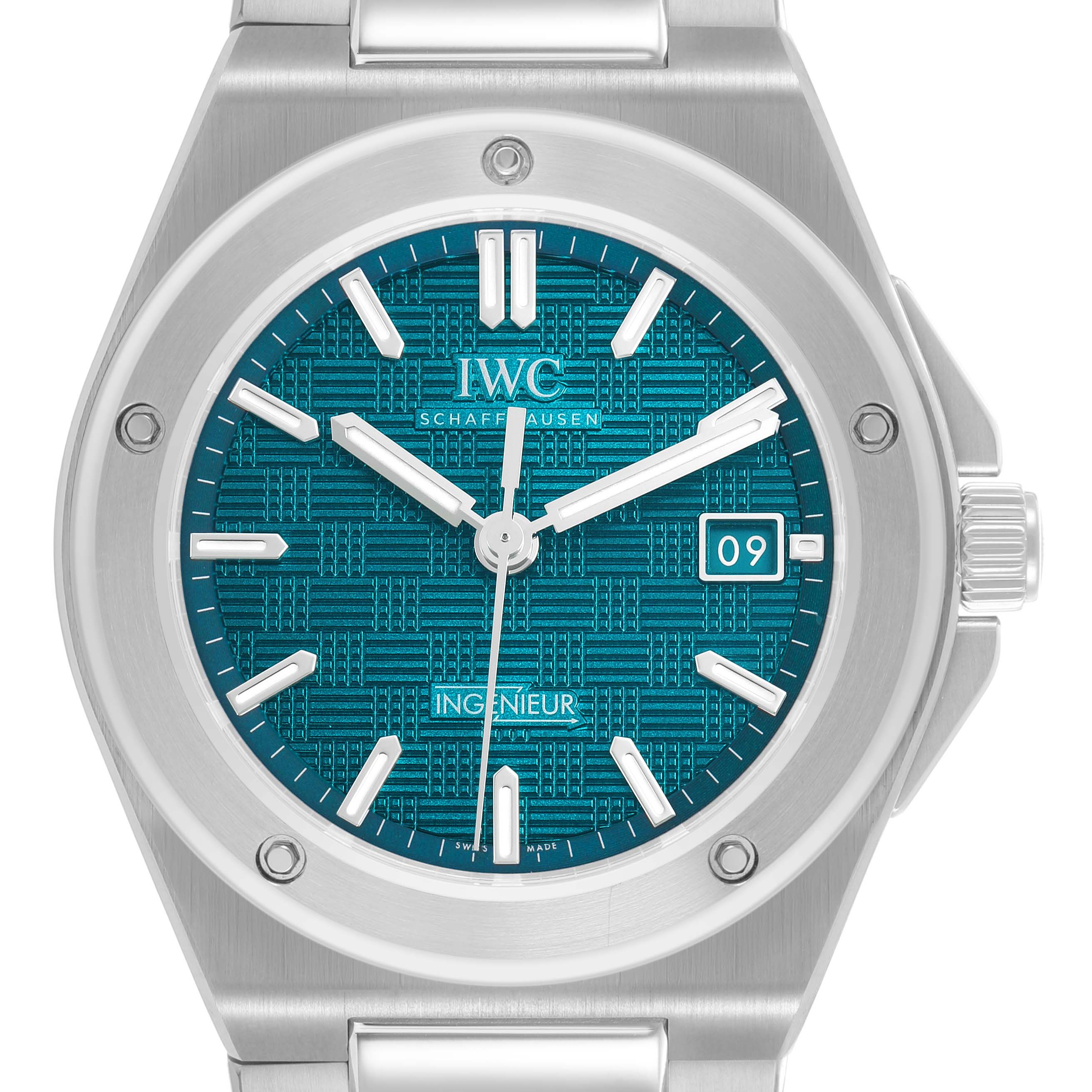 The IWC Ingenieur IW328903 Men's Stainless Steel Blue Dial watch is shown from the front, displaying the dial, hands, date window, and textured face.