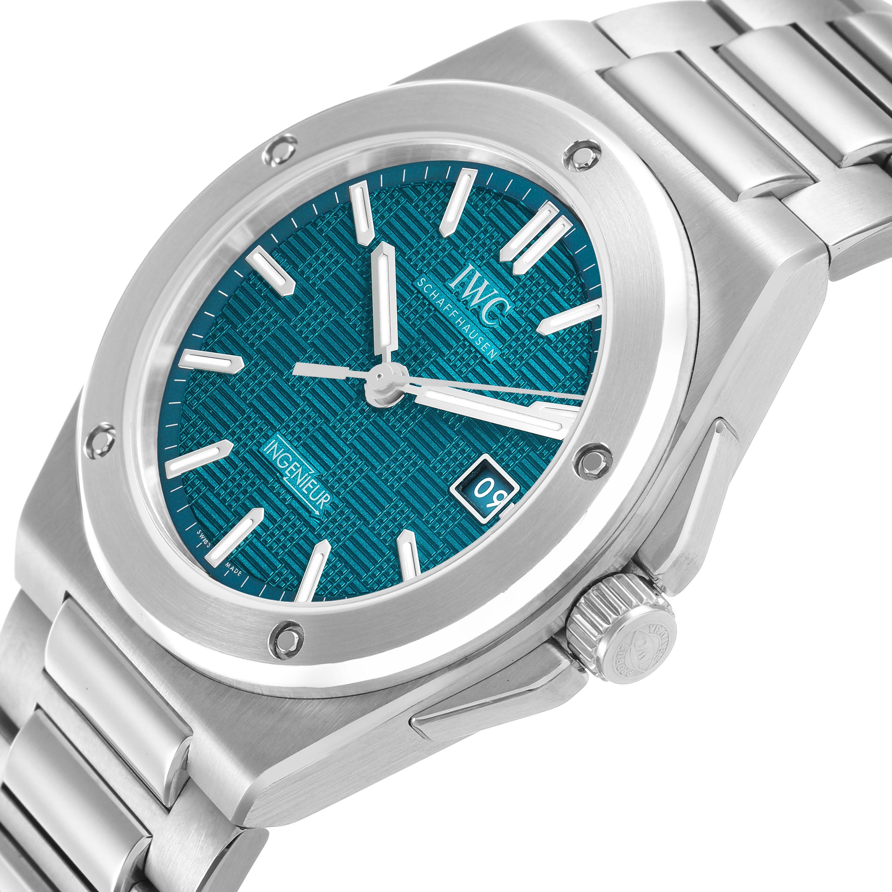 The IWC Ingenieur IW328903 Men's Stainless Steel Blue Dial watch is shown at an angled view, highlighting the dial, bezel, crown, and part of the bracelet.