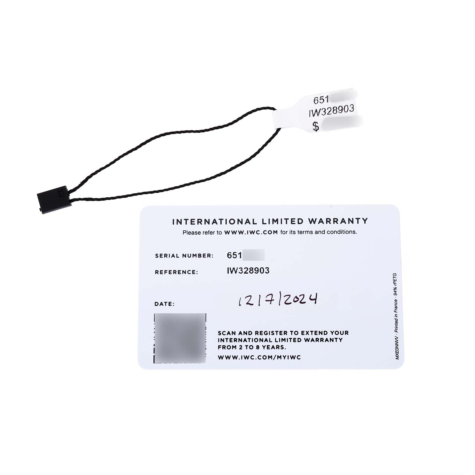 The image shows an IWC Ingenieur IW328903 Men's Stainless Steel Blue Dial model warranty card and tag on a white background.