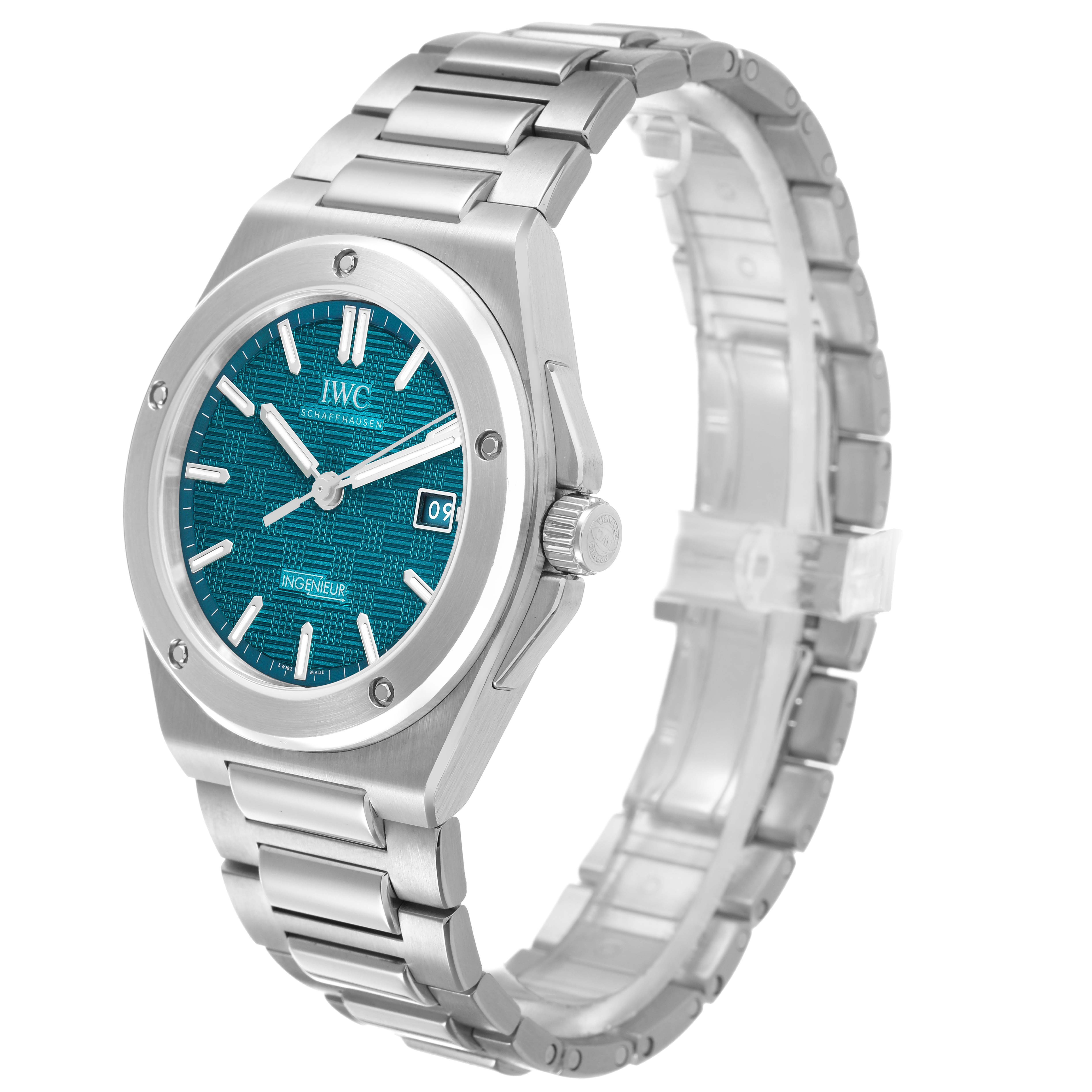 The IWC Ingenieur IW328903 Men's Stainless Steel Blue Dial watch is shown at a three-quarter angle, highlighting the bracelet, dial, and crown.