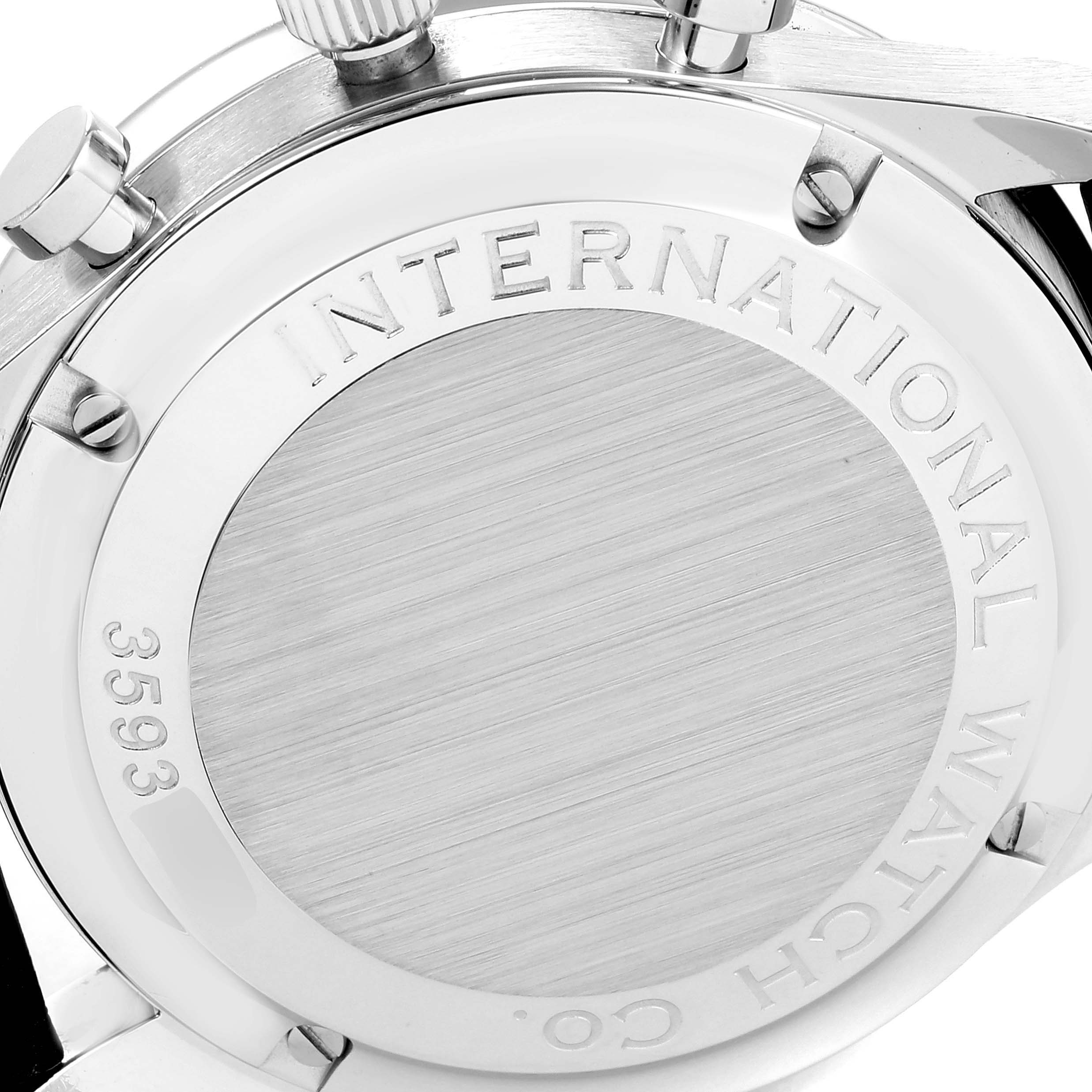The image shows the back case of the IWC Portuguese IW371401 Men's Stainless Steel Silver Dial IW371401 Men's Stainless Steel Silver Dial watch, highlighting the brand engraving and serial number.